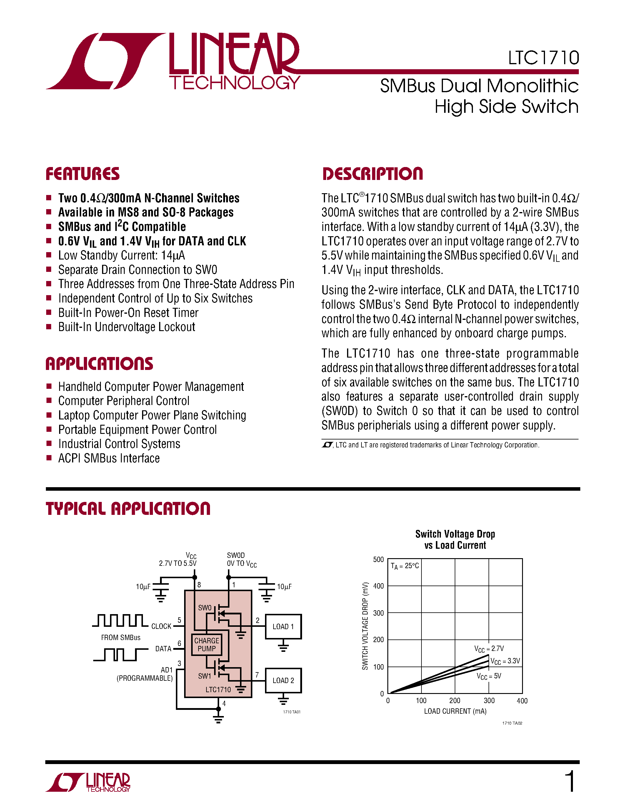 Даташит LTC1710CS8 - SMBus Dual Monolithic High Side Switch страница 1