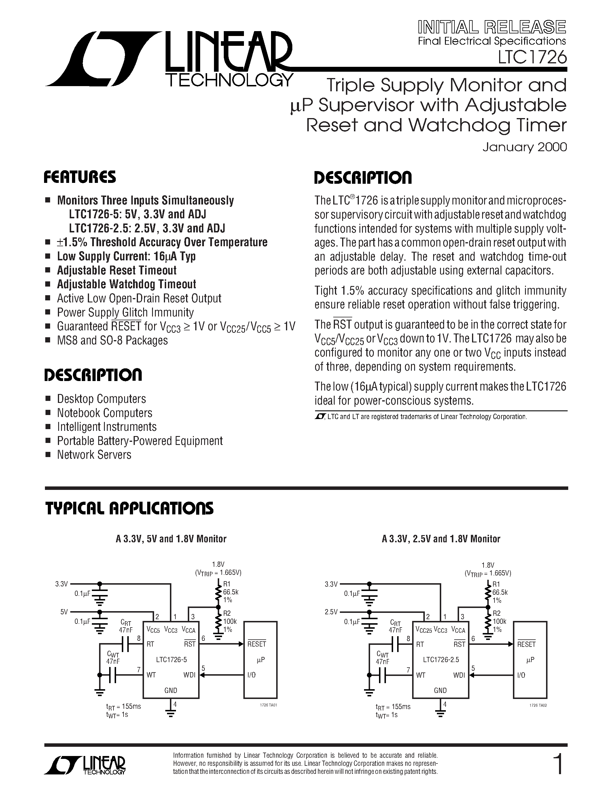 Datasheet LTC1726ES8-5 - Triple Supply Monitor and uP Supervisor with Adjustable Reset and Watchdog Timer page 1