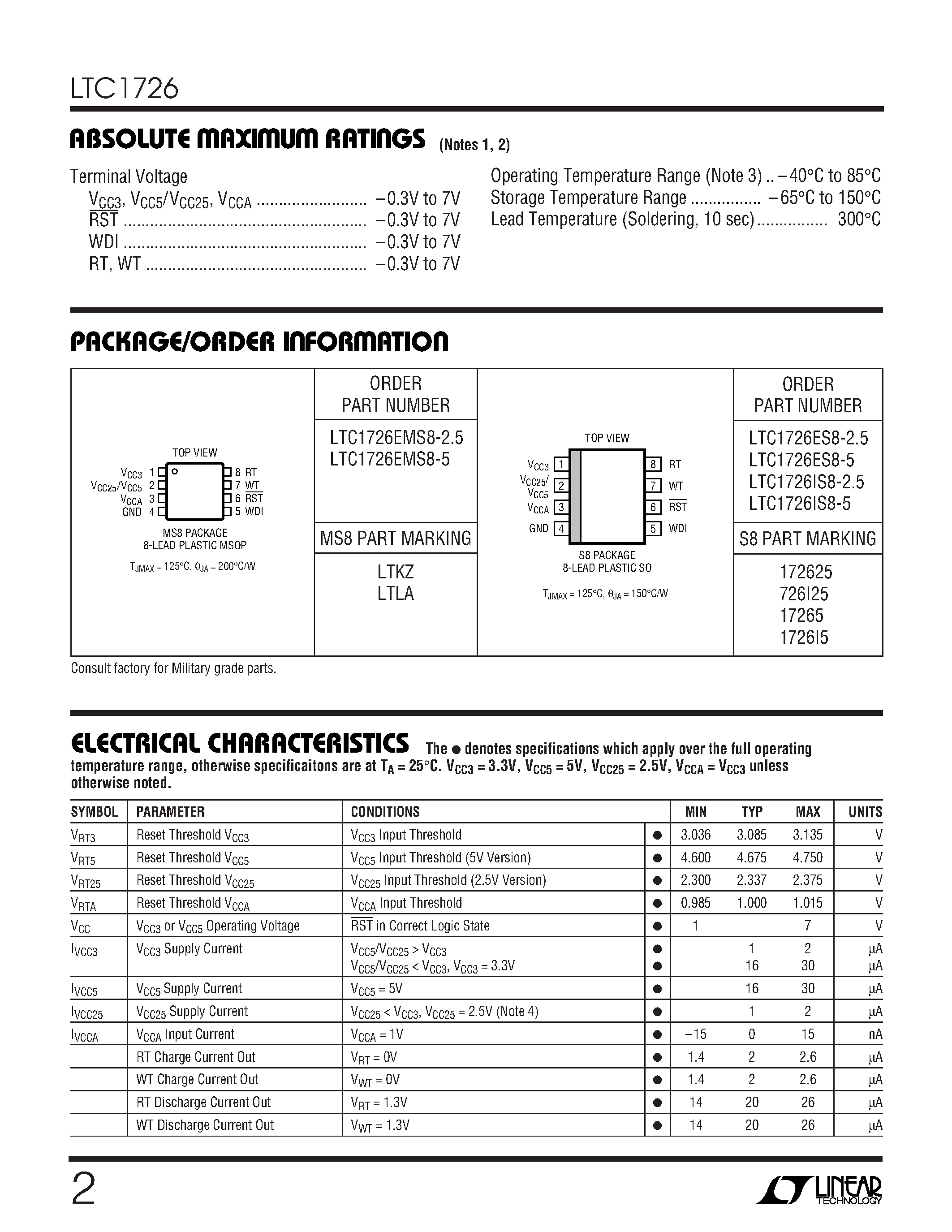 Datasheet LTC1726IS8-5 - Triple Supply Monitor and uP Supervisor with Adjustable Reset and Watchdog Timer page 2