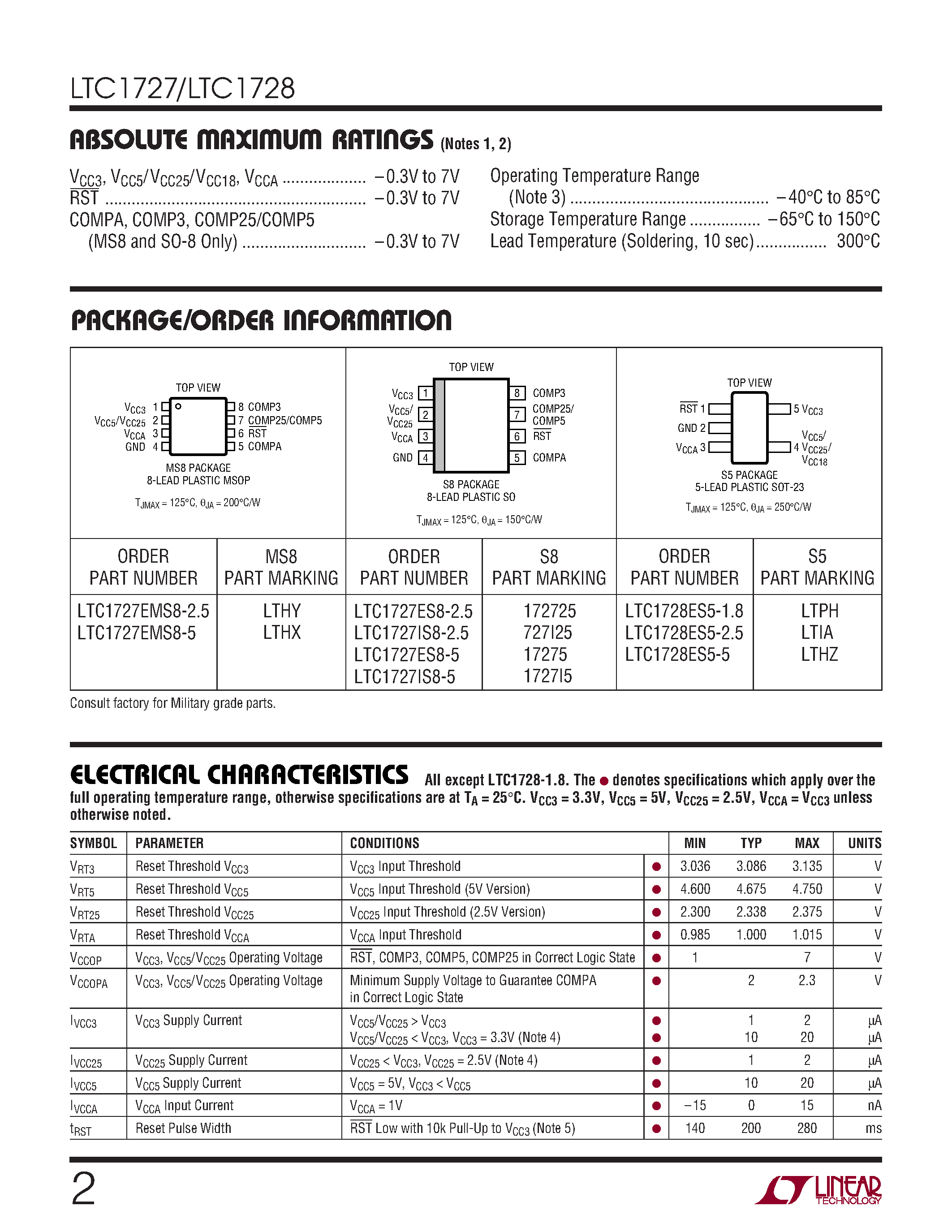 Datasheet LTC1727IS8-2.5 page 2 Datasheet LTC1727IS8-2.5 - Micropower Precision Triple Supply Monitors in 8-Lead MSOP and 5-Lead SOT-23 Packages page 2