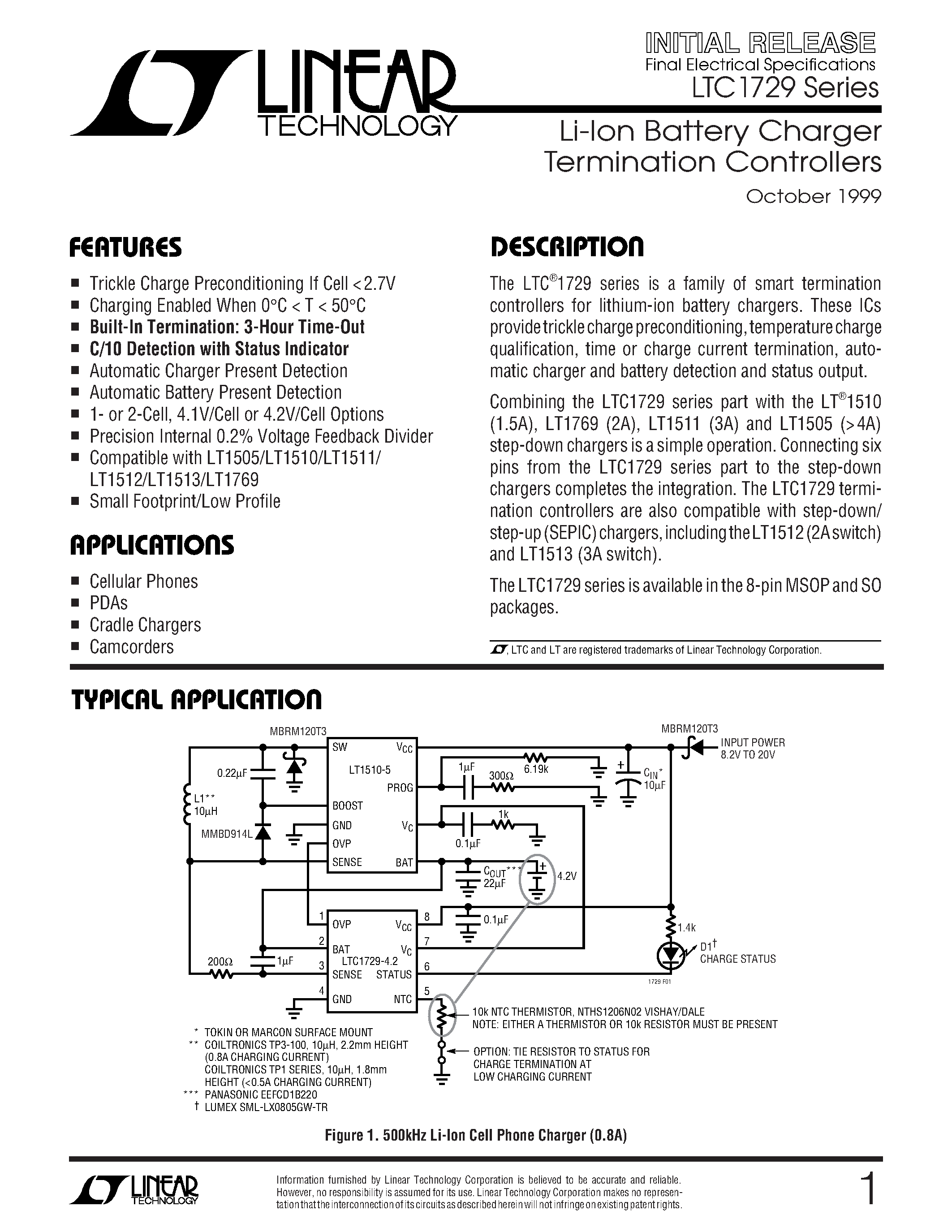 Datasheet LTC1729 - Li-Ion Battery Charger Termination Controllers page 1