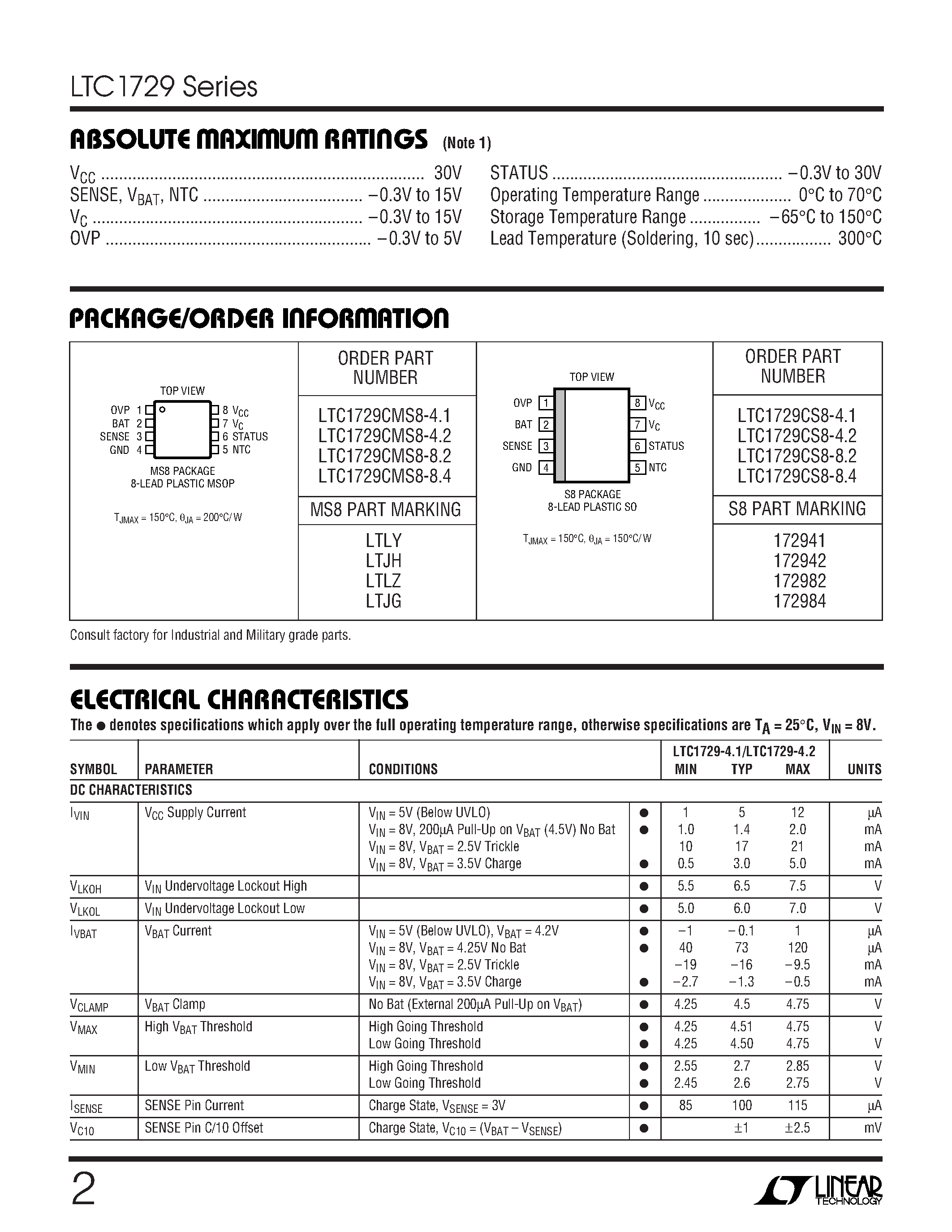 Datasheet LTC1729CMS8-8.2 page 2 Datasheet LTC1729CMS8-8.2 - Li-Ion Battery Charger Termination Controllers page 2