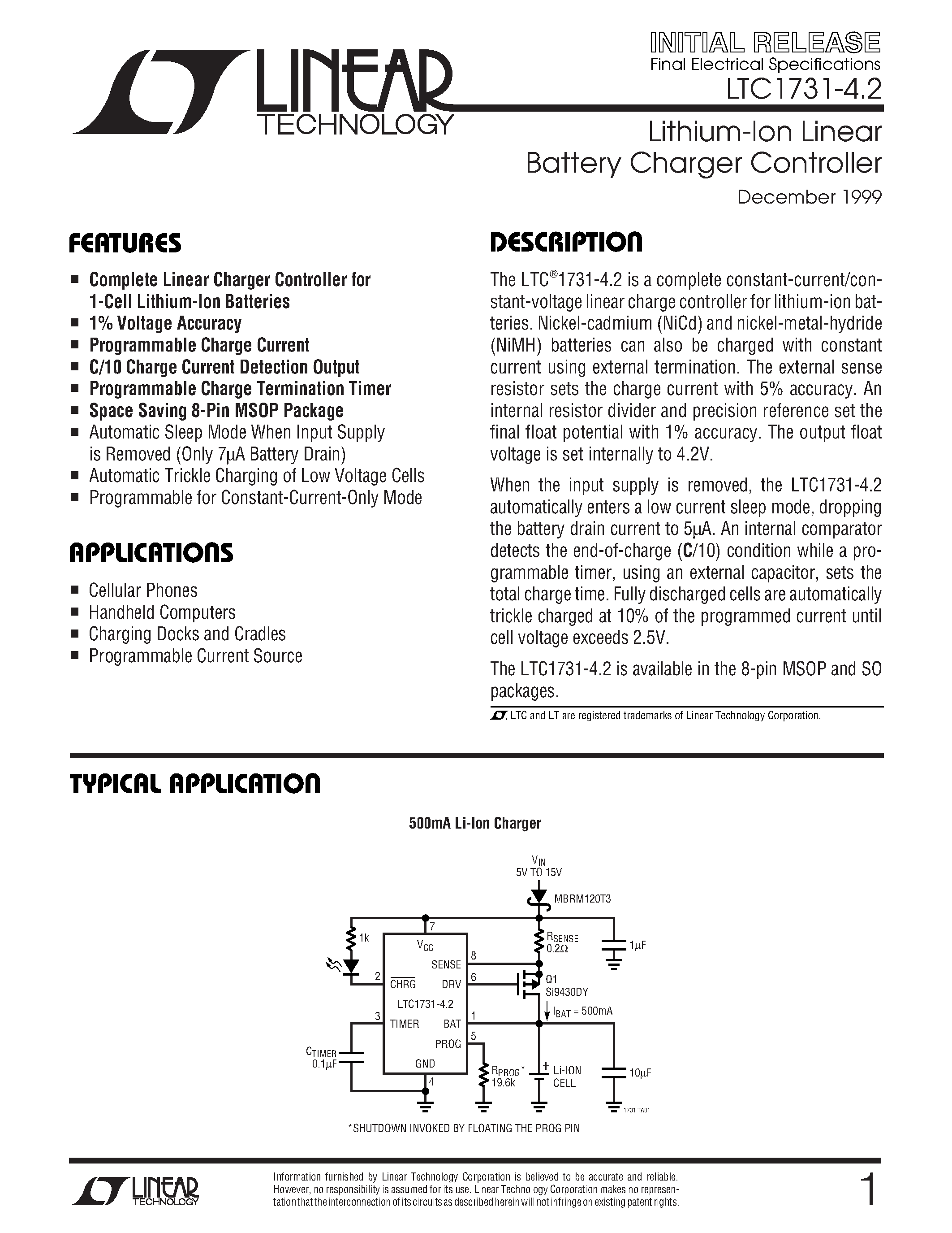 Даташит LTC1731-4.2 - Lithium-Ion Linear Battery Charger Controller страница 1