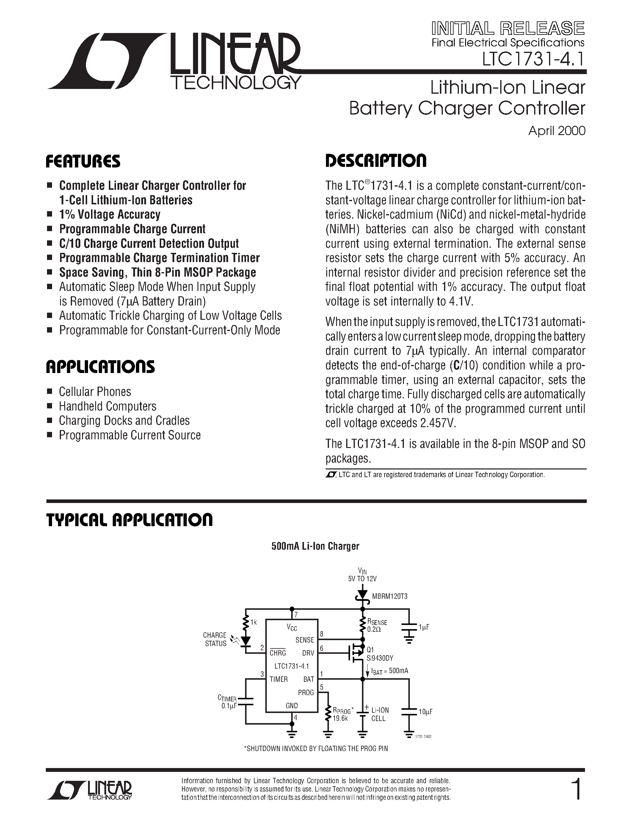 Даташит LTC1731EMS8-4.1 - Lithium-Ion Linear Battery Charger Controller страница 1