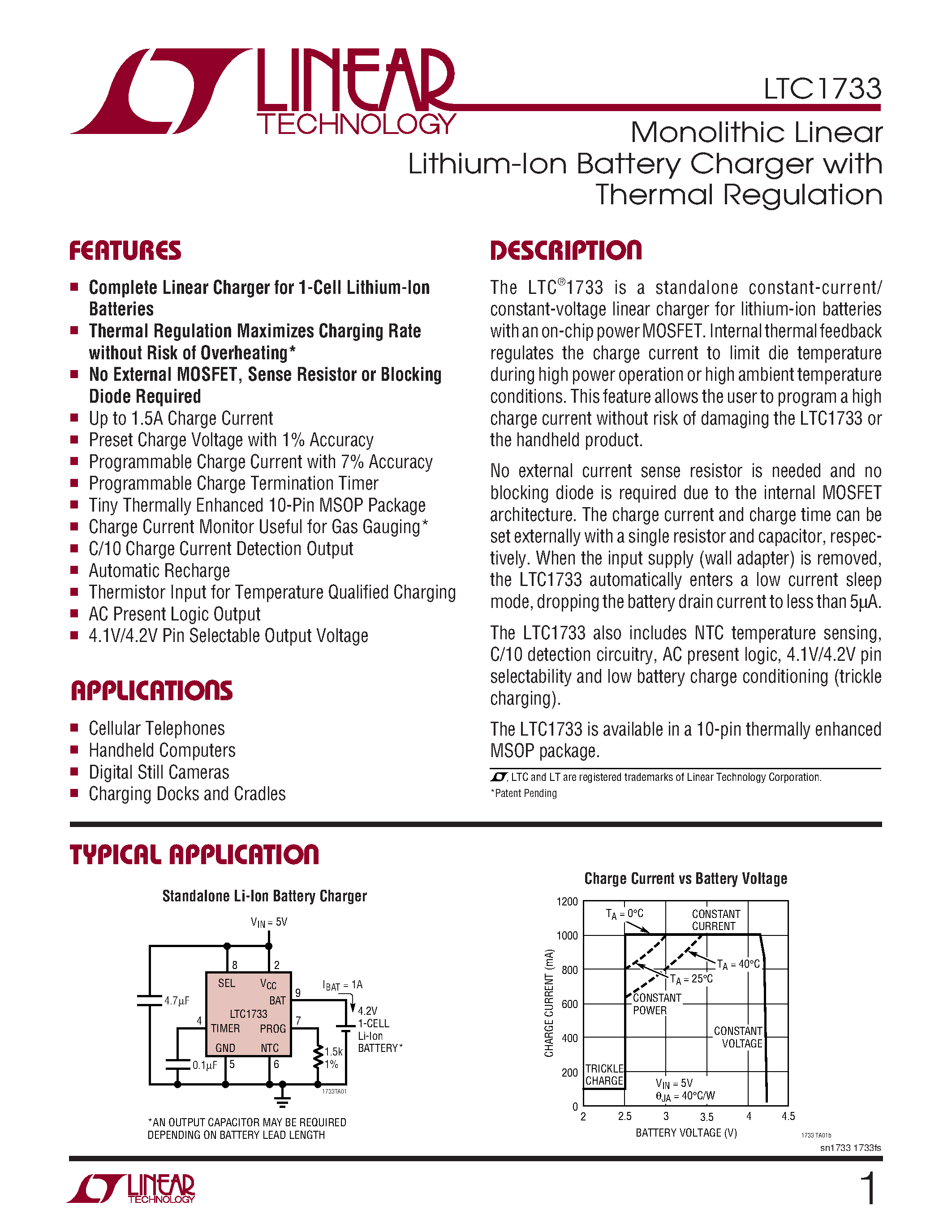 Datasheet LTC1733 - Monolithic Linear Lithium-Ion Battery Charger with Thermal Regulation page 1