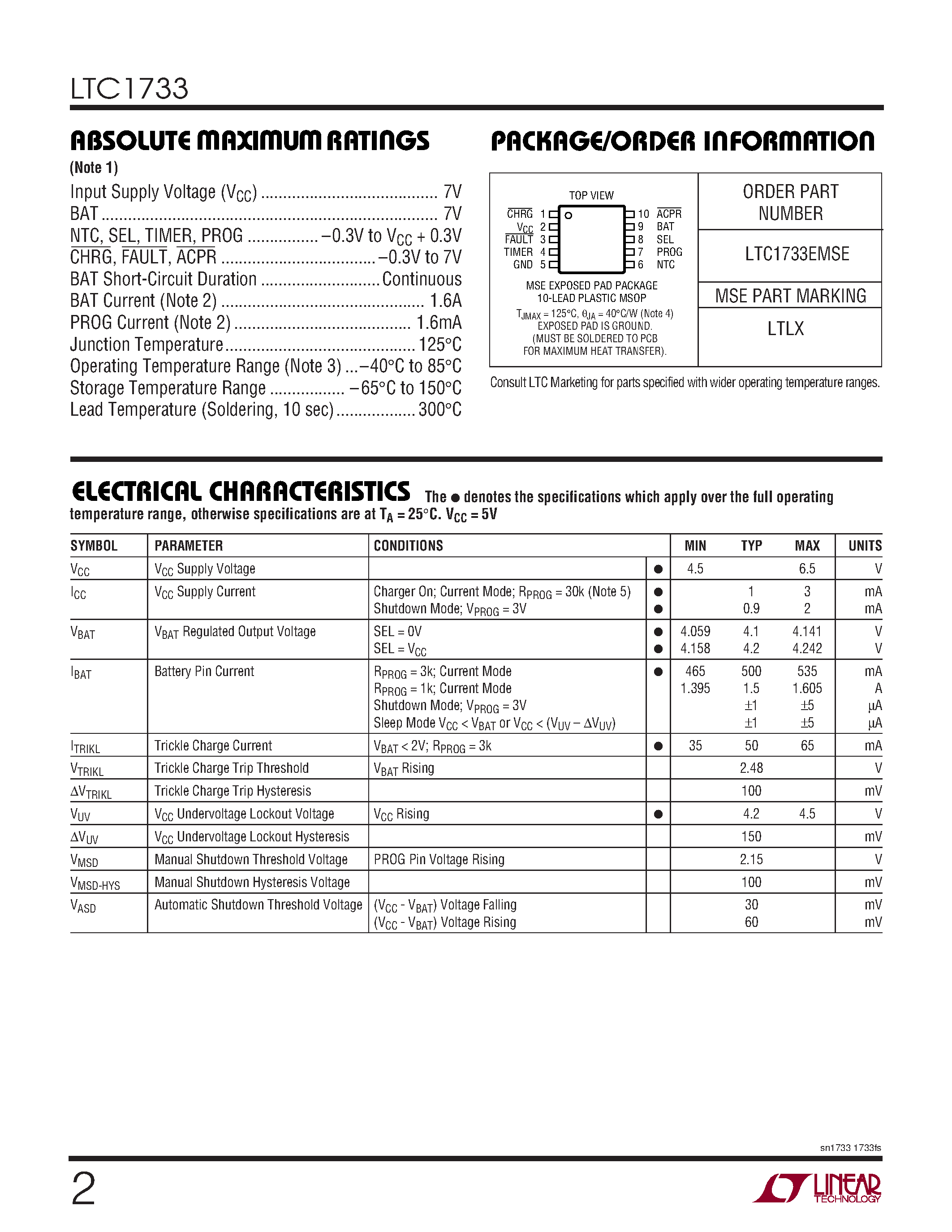 Datasheet LTC1733 - Monolithic Linear Lithium-Ion Battery Charger with Thermal Regulation page 2