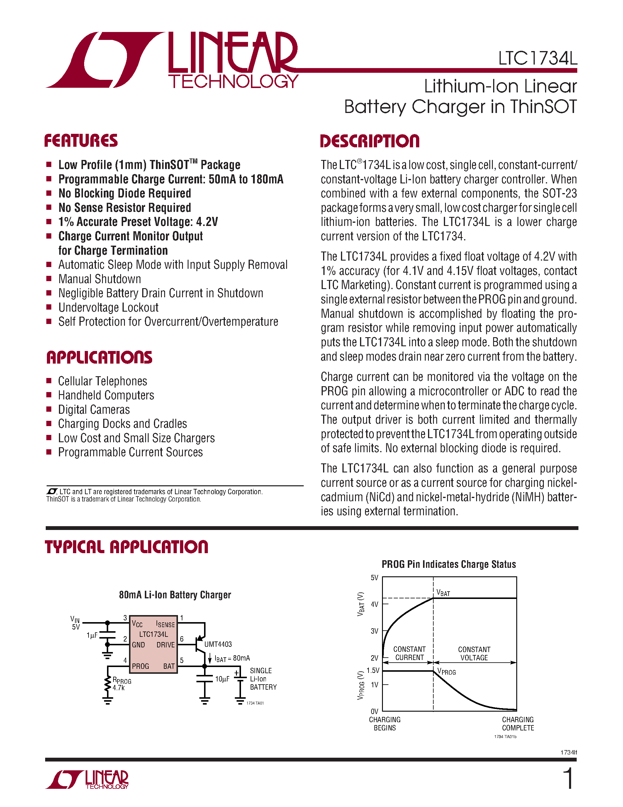 Datasheet LTC1734L - Lithium-Ion Linear Battery Charger in ThinSOT page 1