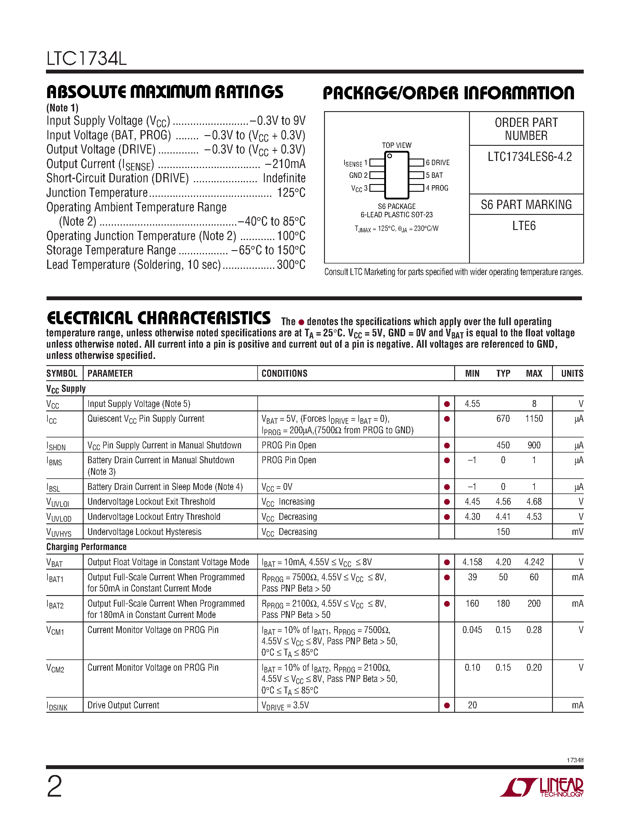 Datasheet LTC1734L - Lithium-Ion Linear Battery Charger in ThinSOT page 2