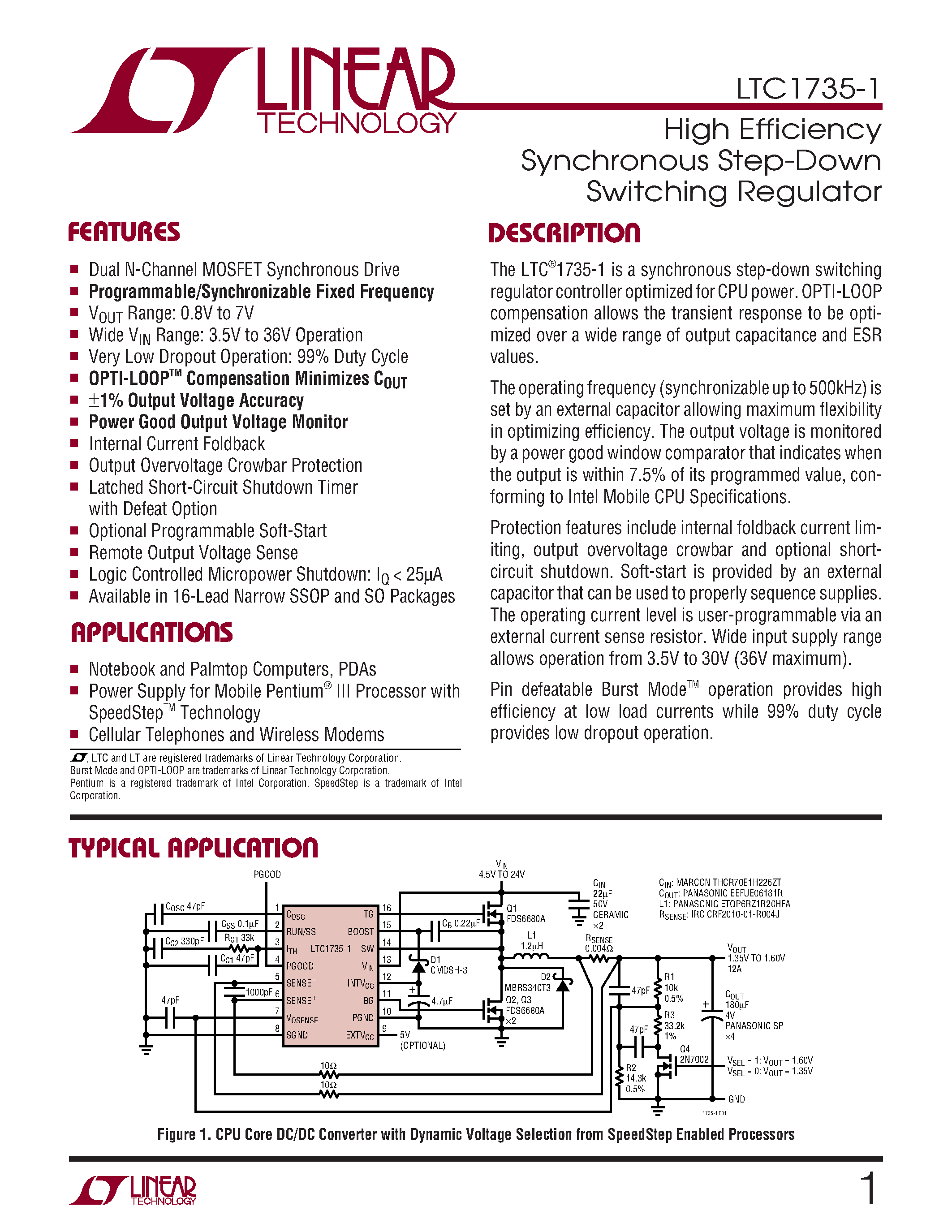 Даташит LTC1735CGN-1 - High Efficiency Synchronous Step-Down Switching Regulator страница 1