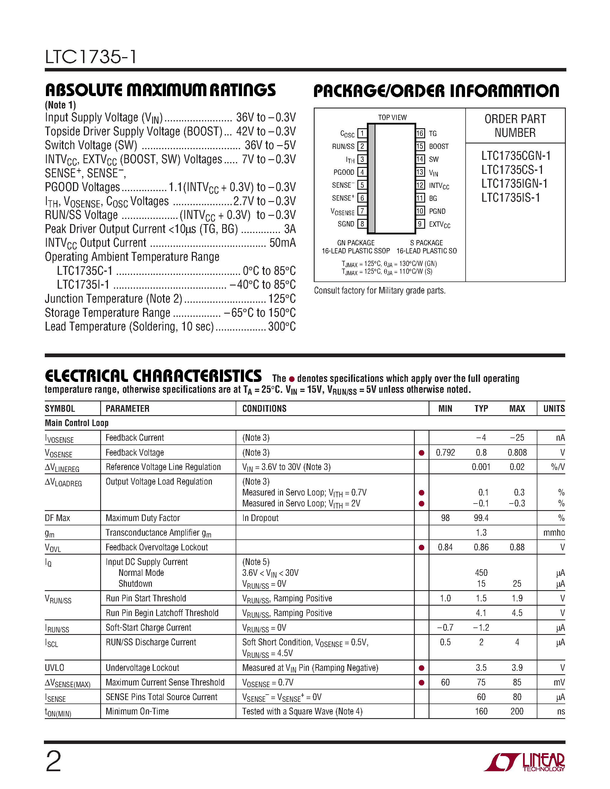Даташит LTC1735CS-1 - High Efficiency Synchronous Step-Down Switching Regulator страница 2
