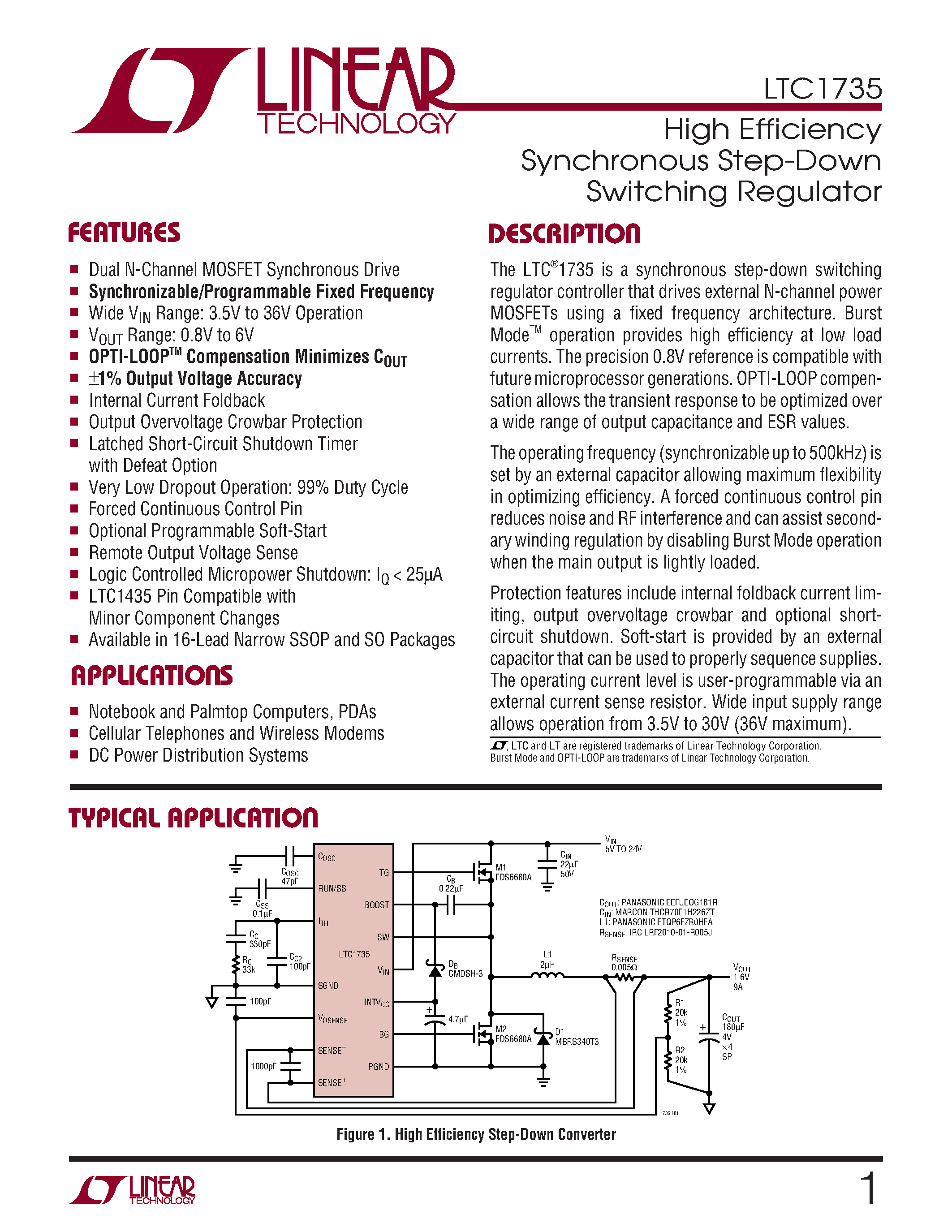 Datasheet LTC1735IGN - High Efficiency Synchronous Step-Down Switching Regulator page 1