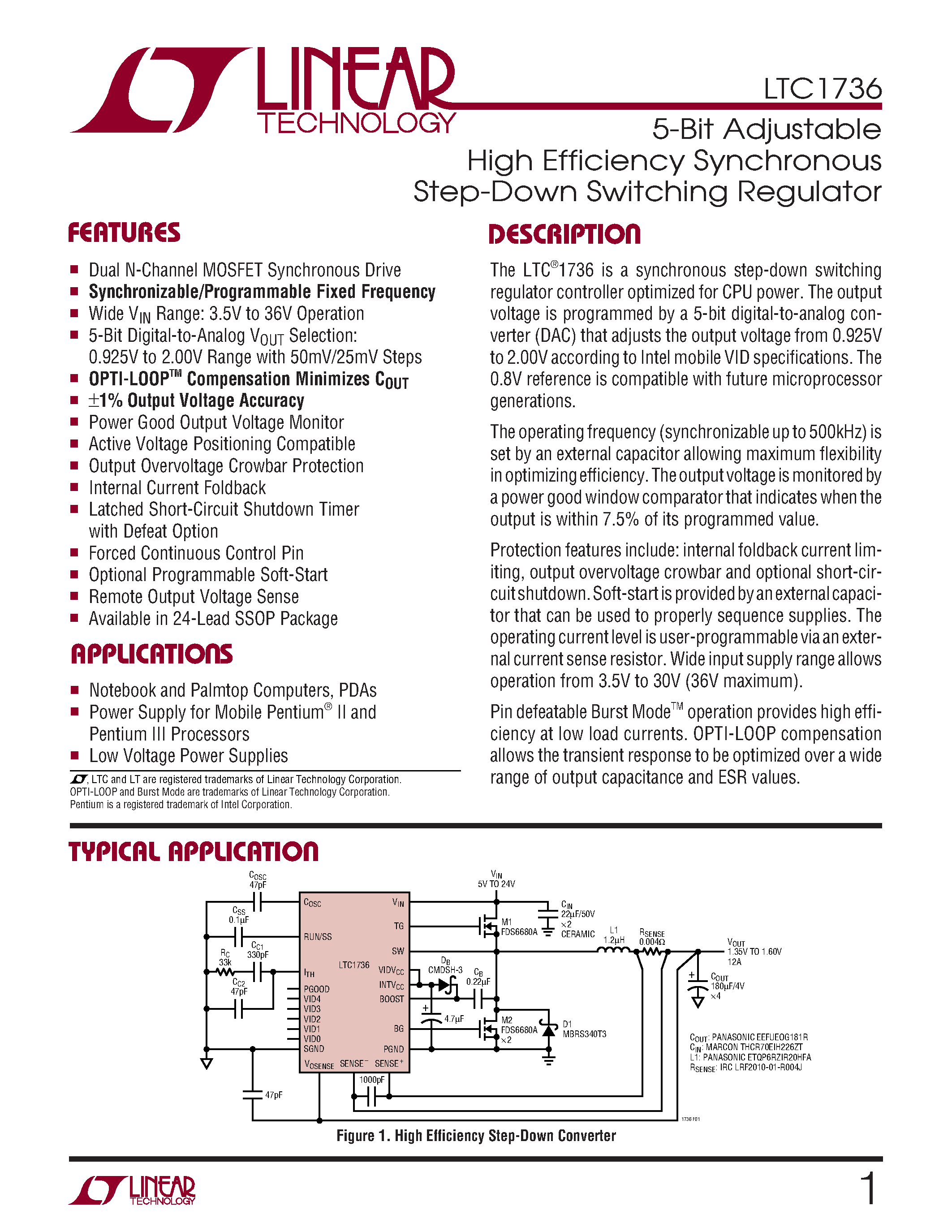 Datasheet LTC1736C - 5-Bit Adjustable High Efficiency Synchronous Step-Down Switching Regulator page 1
