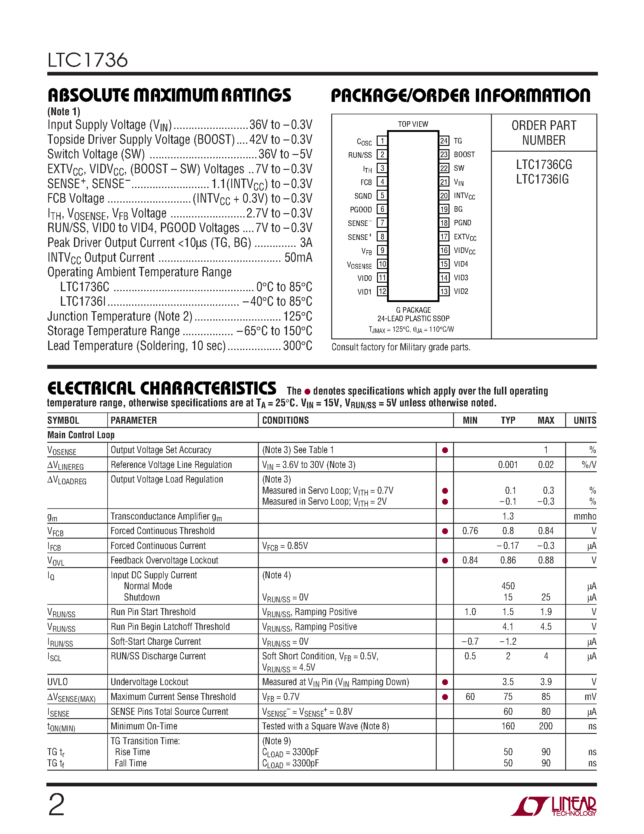 Datasheet LTC1736IG - 5-Bit Adjustable High Efficiency Synchronous Step-Down Switching Regulator page 2
