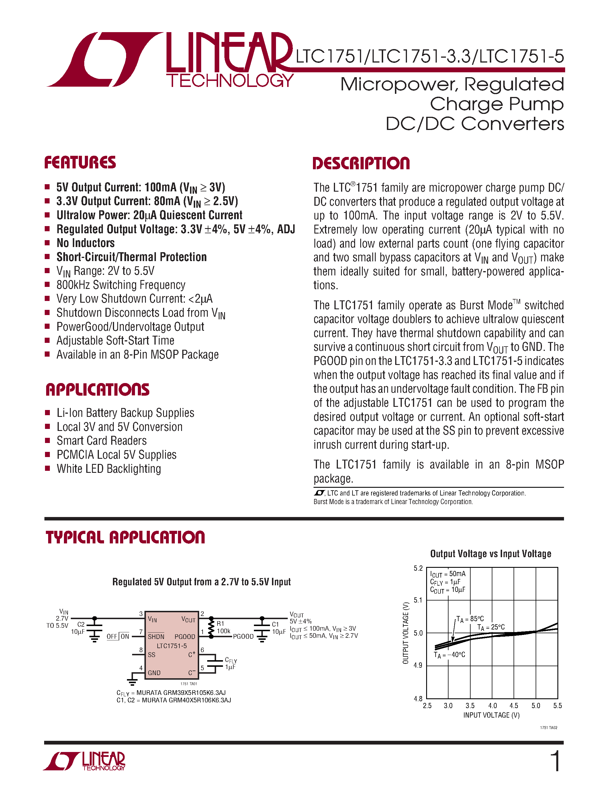 Datasheet LTC1751-3.3 - Micropower/ Regulated Charge Pump DC/DC Converters page 1