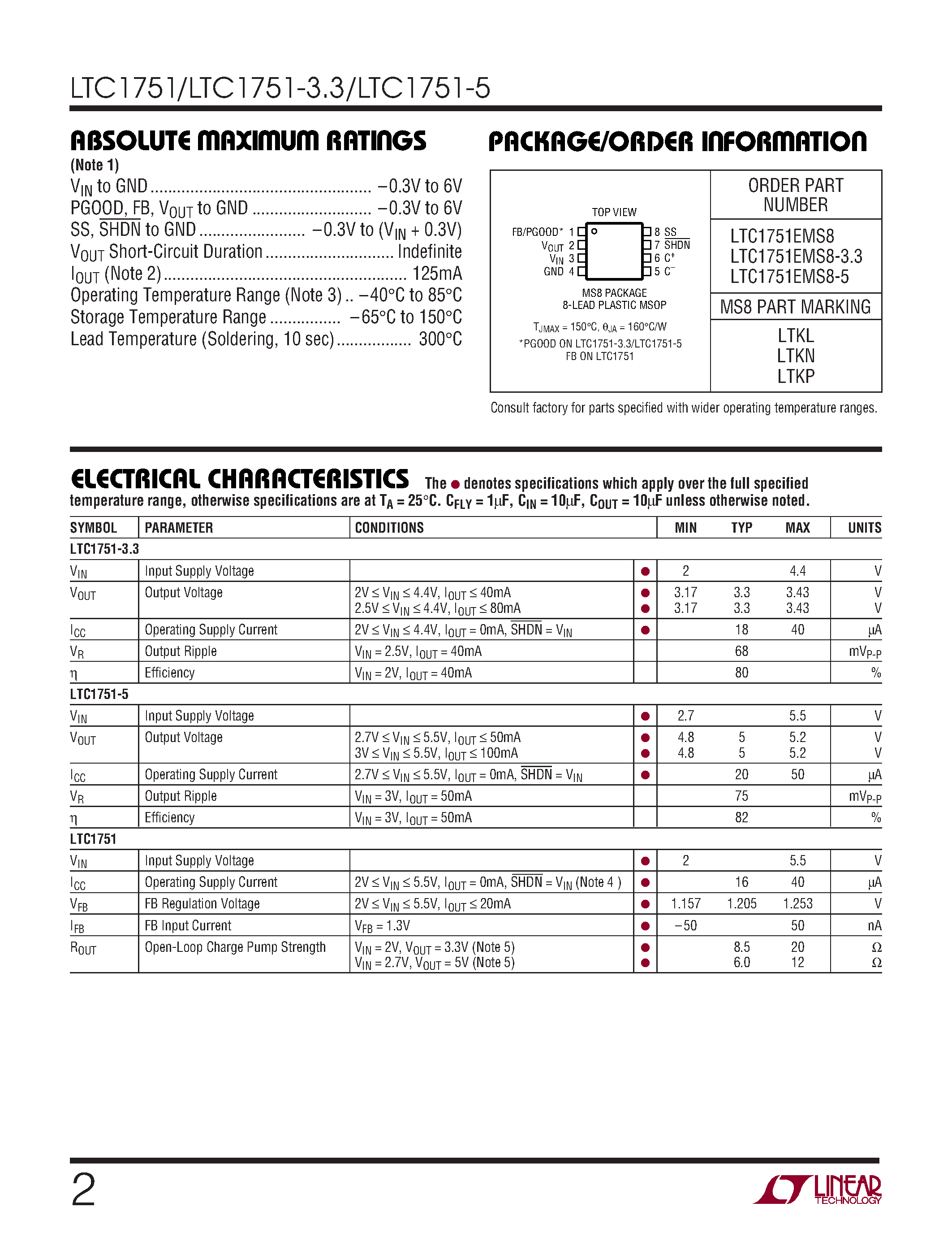 Datasheet LTC1751-5 - Micropower/ Regulated Charge Pump DC/DC Converters page 2