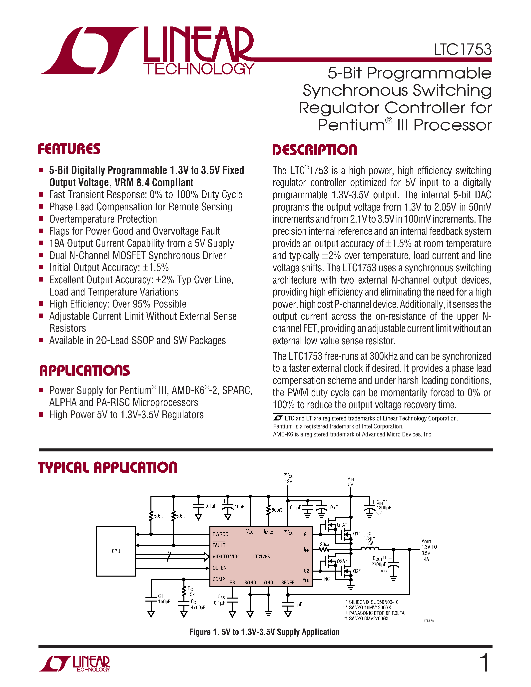Datasheet LTC1753CG page 1 Datasheet LTC1753CG - 5-Bit Programmable Synchronous Switching Regulator Controller for Pentium III Processor page 1