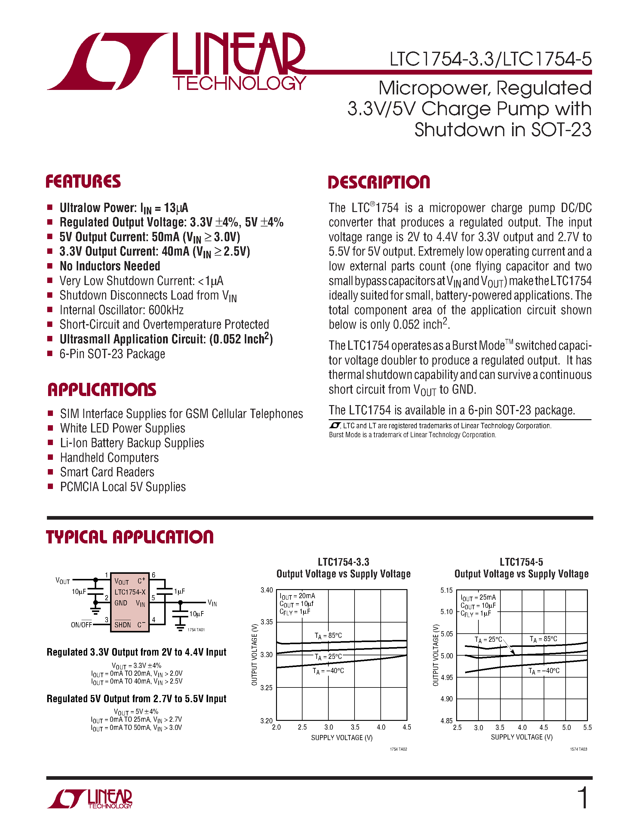 Datasheet LTC1754ES6-5 - Micropower/ Regulated 3.3V/5V Charge Pump with Shutdown in SOT-23 page 1