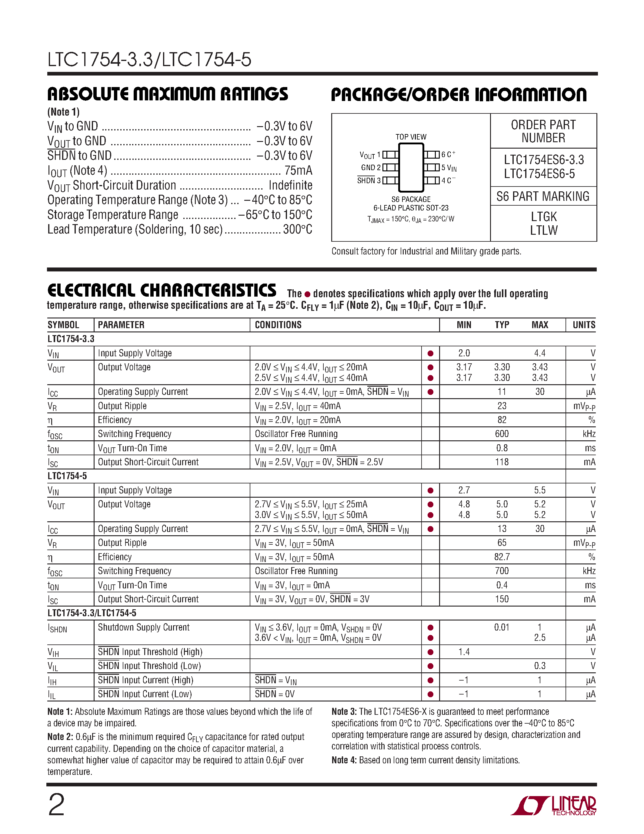 Datasheet LTC1754ES6-5 - Micropower/ Regulated 3.3V/5V Charge Pump with Shutdown in SOT-23 page 2