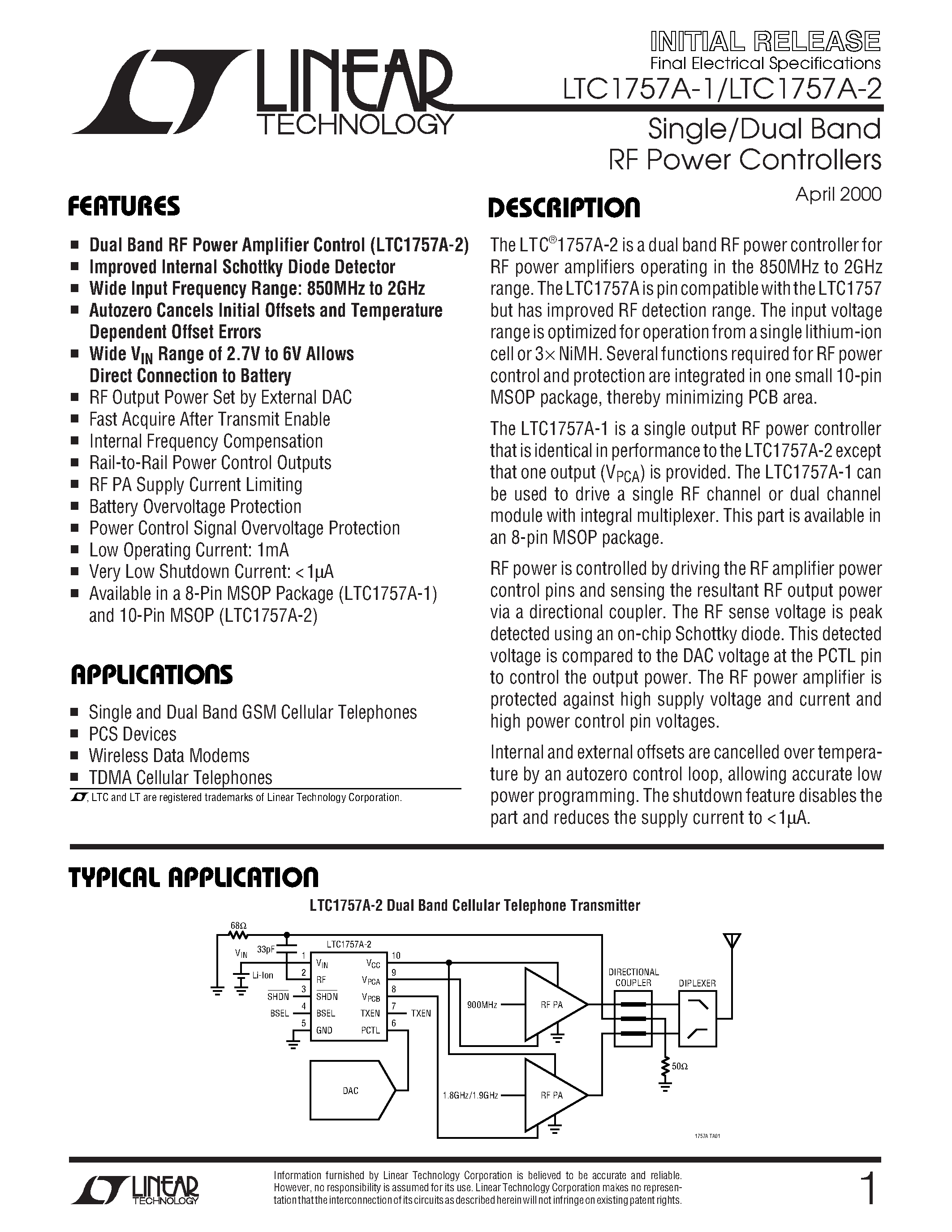 Даташит LTC1757A-1 - Single/Dual Band RF Power Controllers страница 1