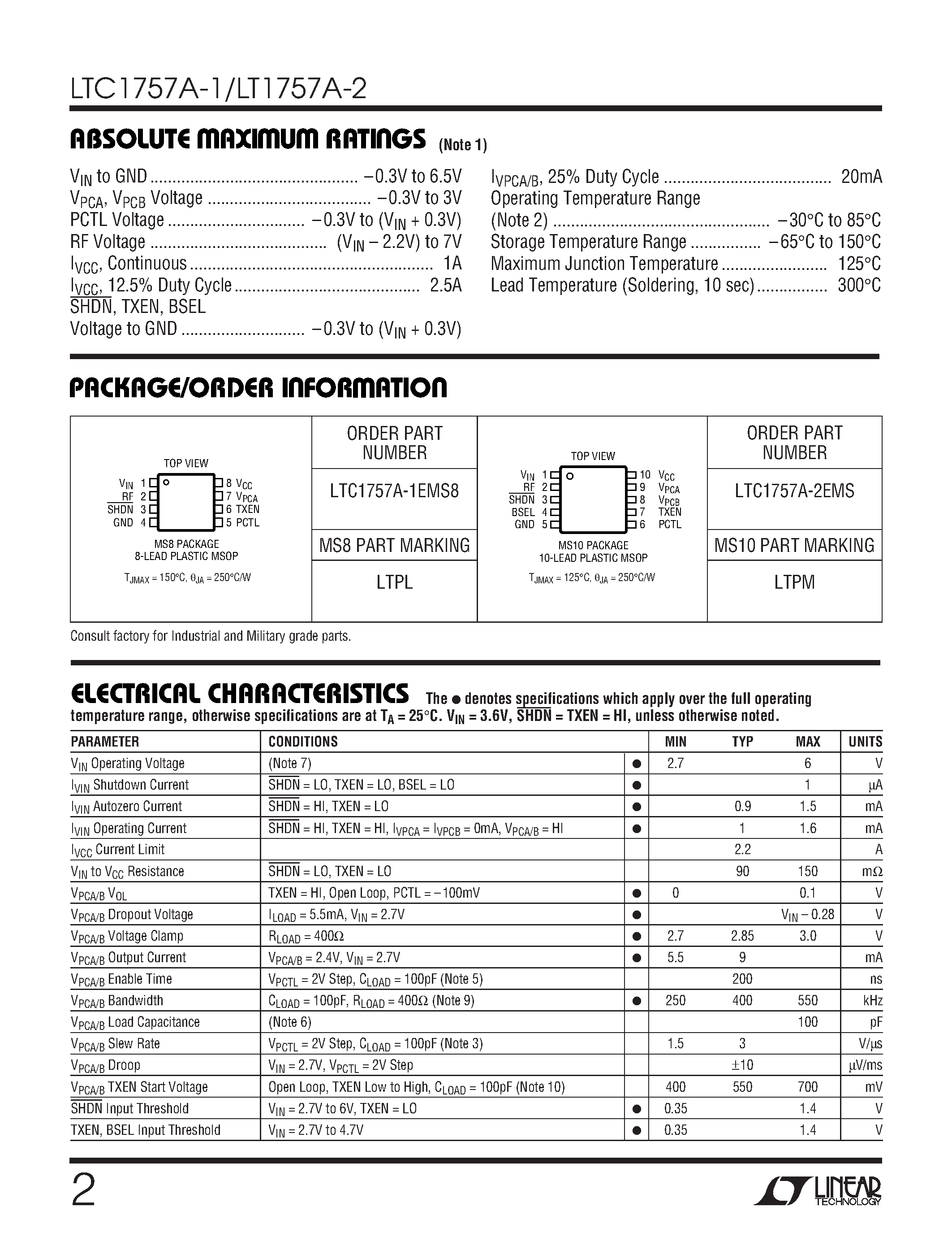 Даташит LTC1757A-1 - Single/Dual Band RF Power Controllers страница 2