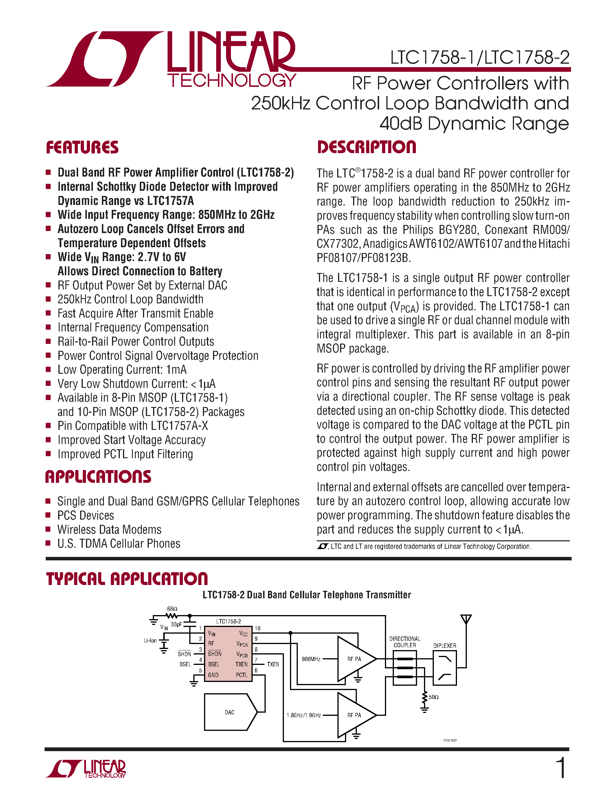 Datasheet LTC1758-2 - RF Power Controllers with 250kHz Control Loop Bandwidth and 40dB Dynamic Range page 1