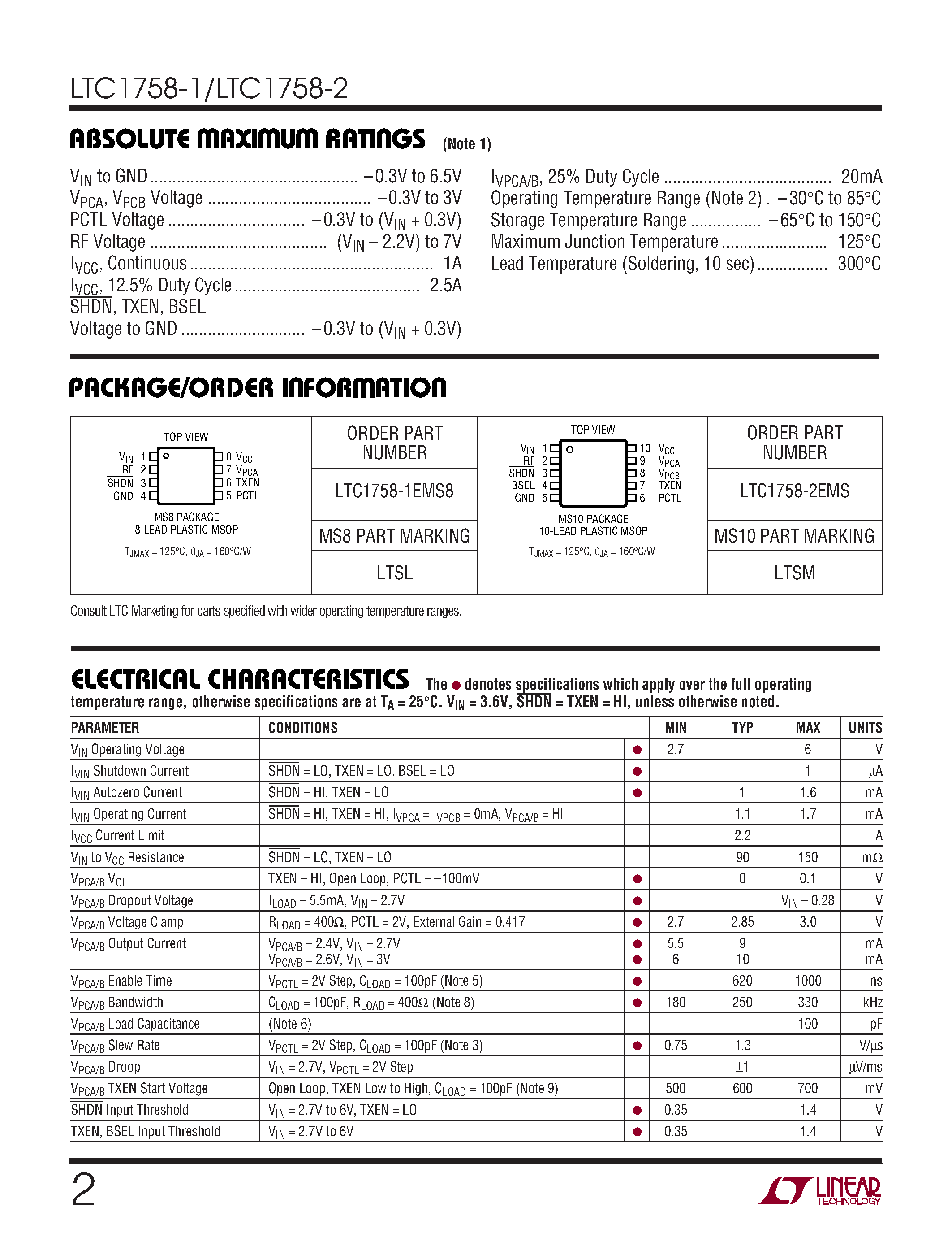 Datasheet LTC1758-2 - RF Power Controllers with 250kHz Control Loop Bandwidth and 40dB Dynamic Range page 2