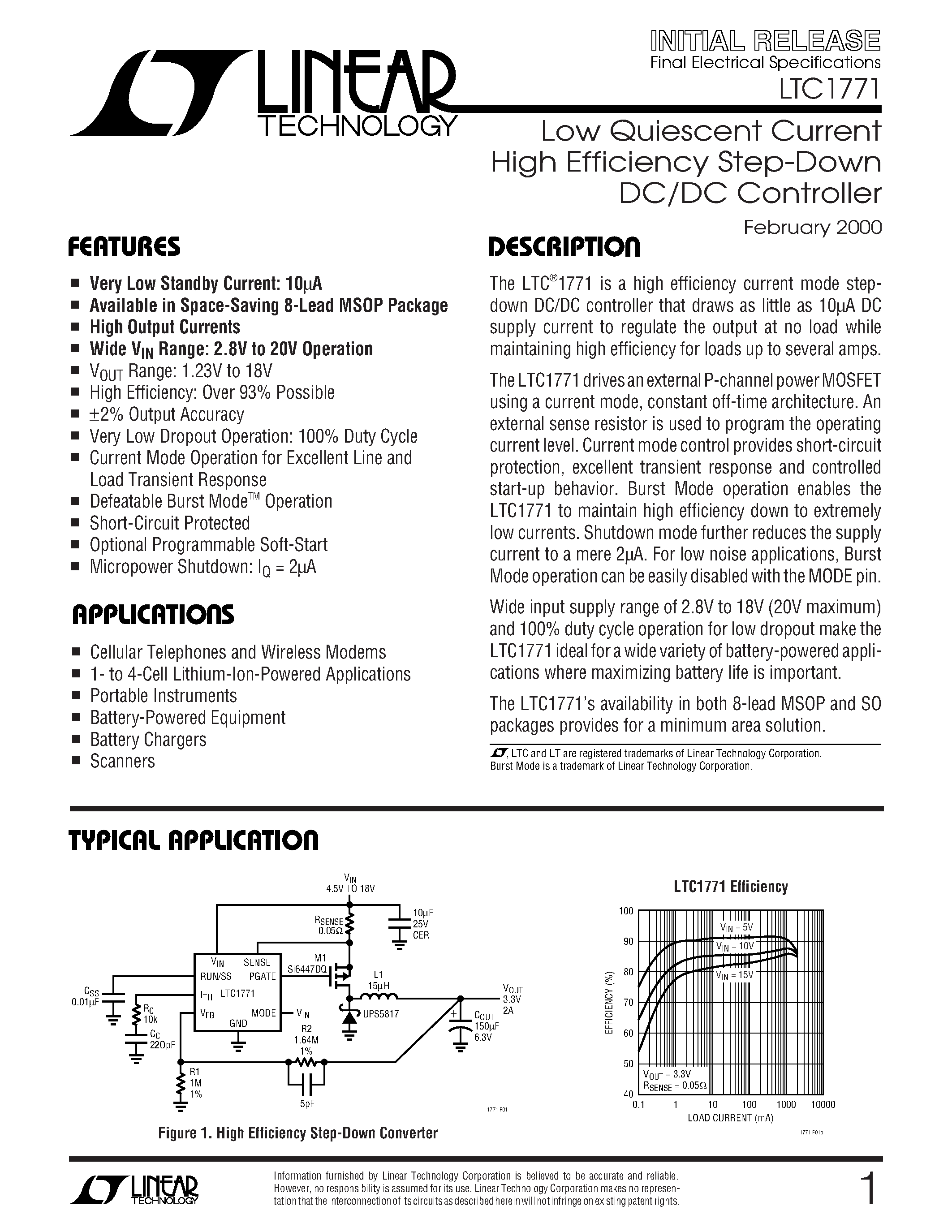 Datasheet LTC1771 - Low Quiescent Current High Efficiency Step-Down DC/DC Controller page 1