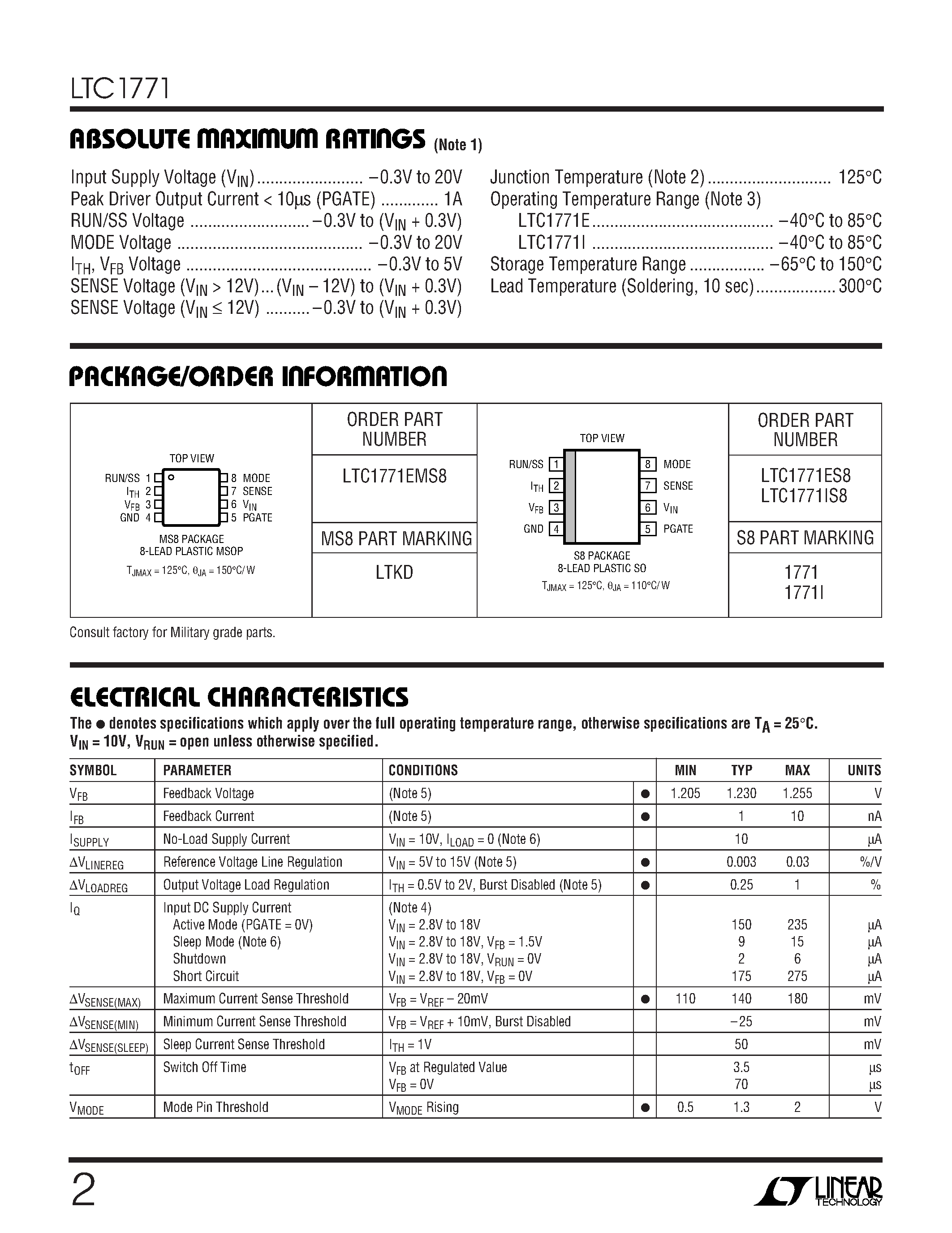 Datasheet LTC1771I page 2 Datasheet LTC1771I - Low Quiescent Current High Efficiency Step-Down DC/DC Controller page 2