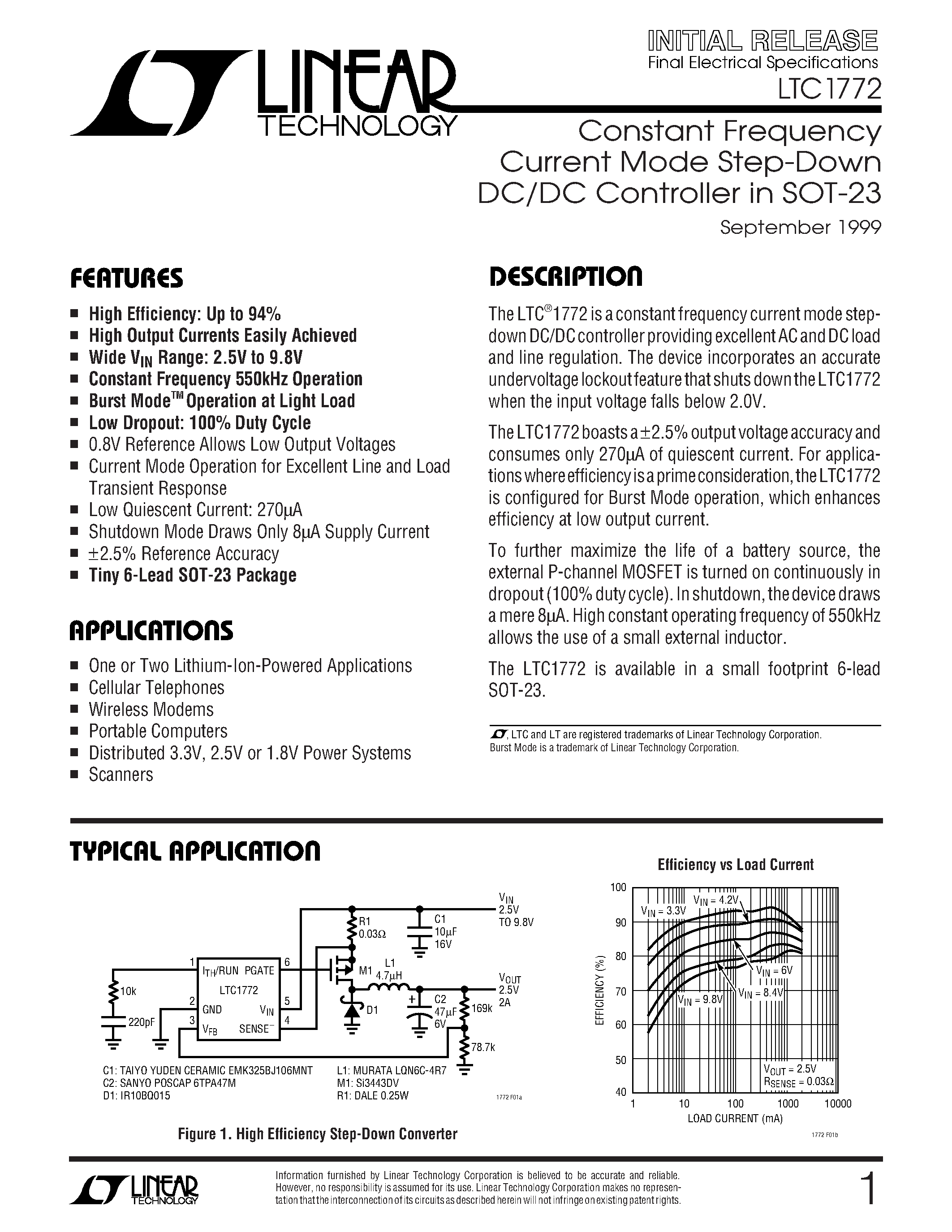 Datasheet LTC1772 page 1 Datasheet LTC1772 - Constant Frequency Current Mode Step-Down DC/DC Controller in SOT-23 page 1