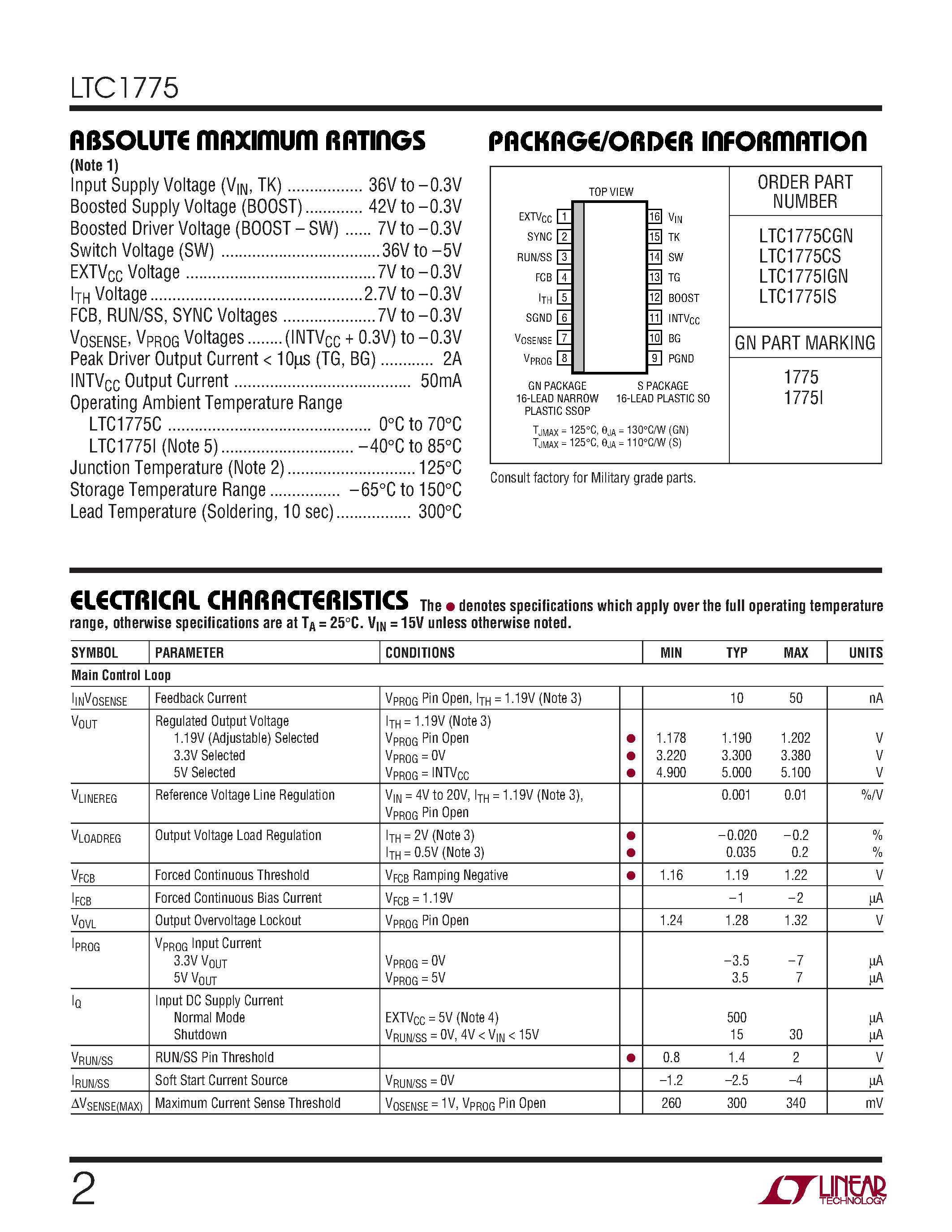 Datasheet LTC1775CS - High Power No RSENSE TM Current Mode Synchronous Step-Down Switching Regulator page 2