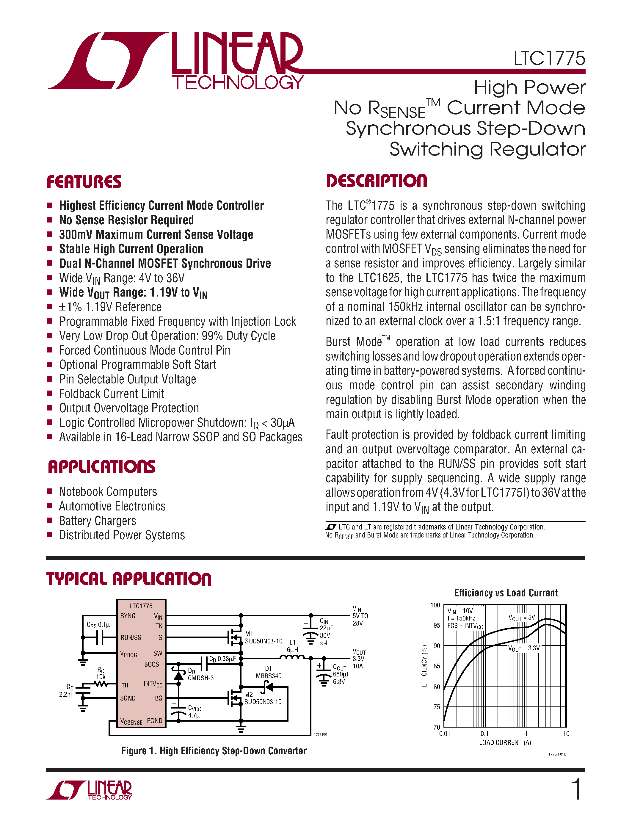 Datasheet LTC1775I - High Power No RSENSE TM Current Mode Synchronous Step-Down Switching Regulator page 1