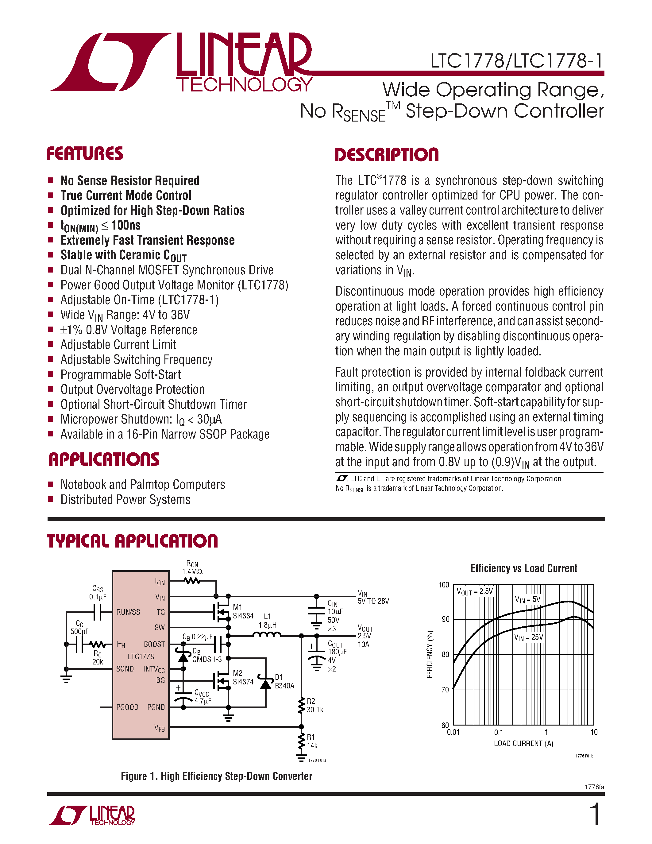 Даташит LTC1778-1 - Wide Operating Range/ No RSENSE Step-Down Controller страница 1