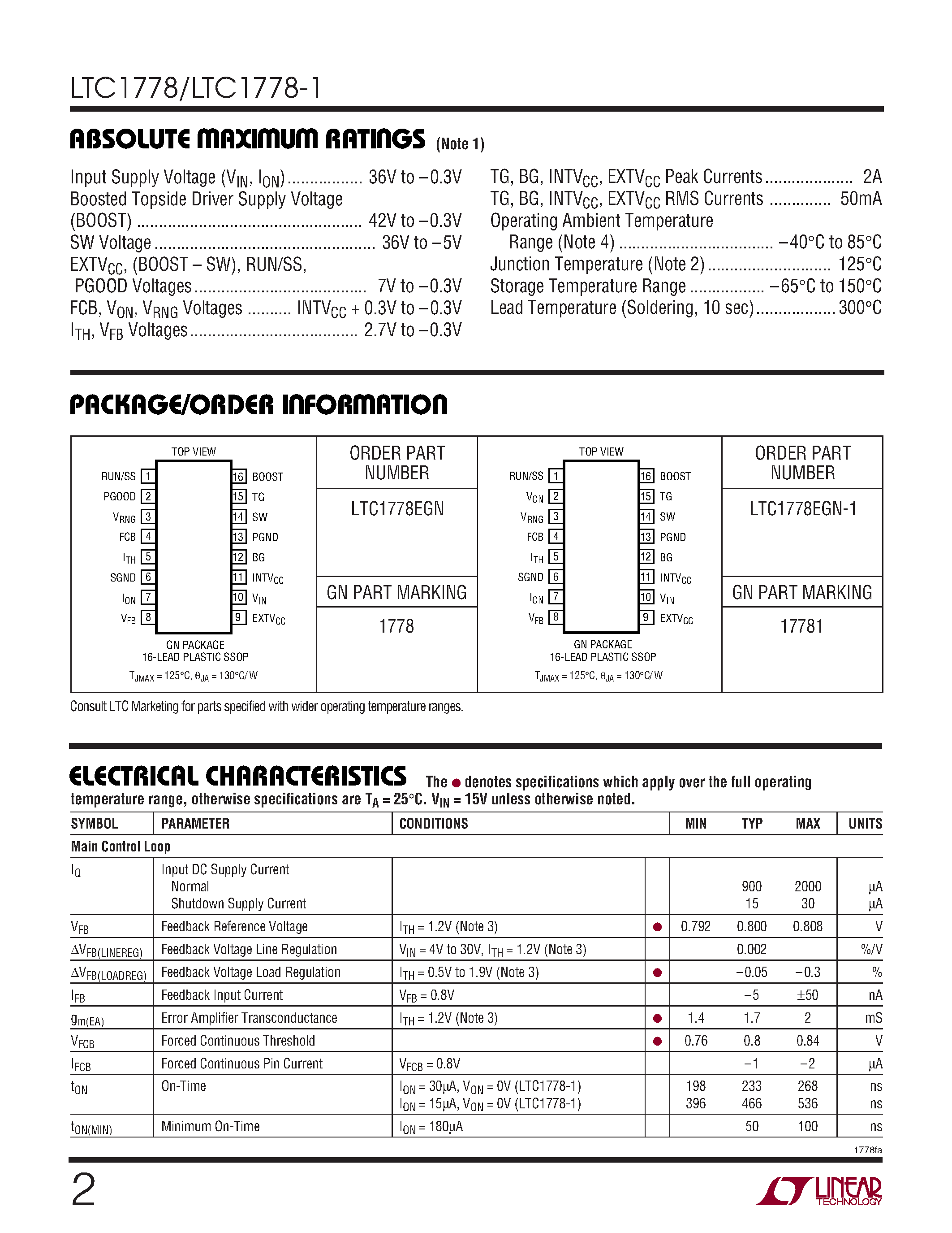 Даташит LTC1778-1 - Wide Operating Range/ No RSENSE Step-Down Controller страница 2