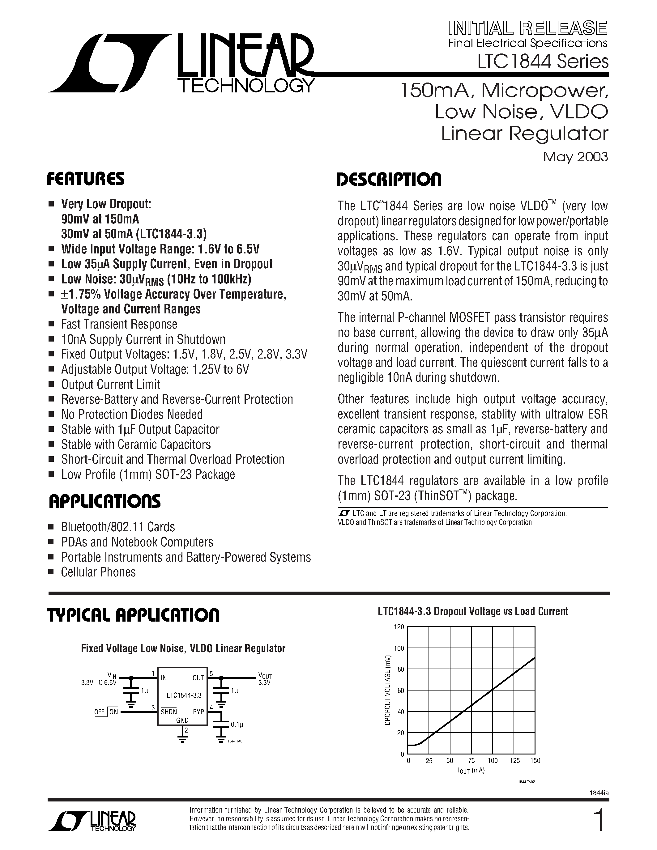 Даташит LTC1844-1.5 - 150mA/ Micropower/ Low Noise/ VLDO Linear Regulator страница 1