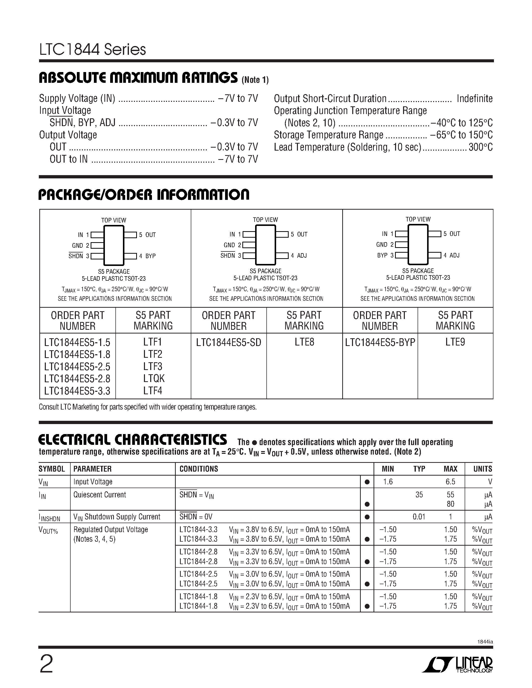 Даташит LTC1844-1.5 - 150mA/ Micropower/ Low Noise/ VLDO Linear Regulator страница 2