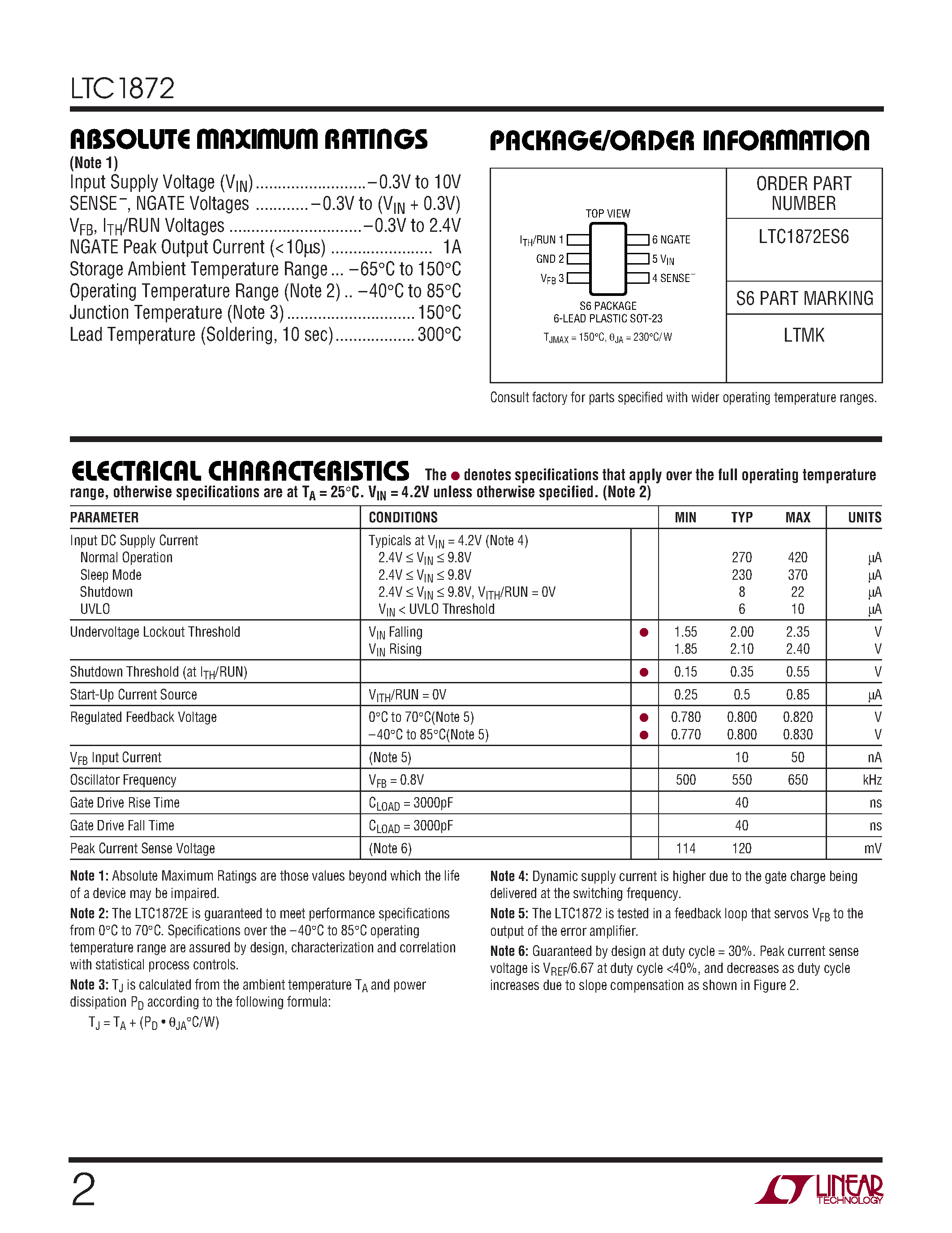 Datasheet LTC1872ES6 - Constant Frequency Current Mode Step-Up DC/DC Controller in SOT-23 page 2