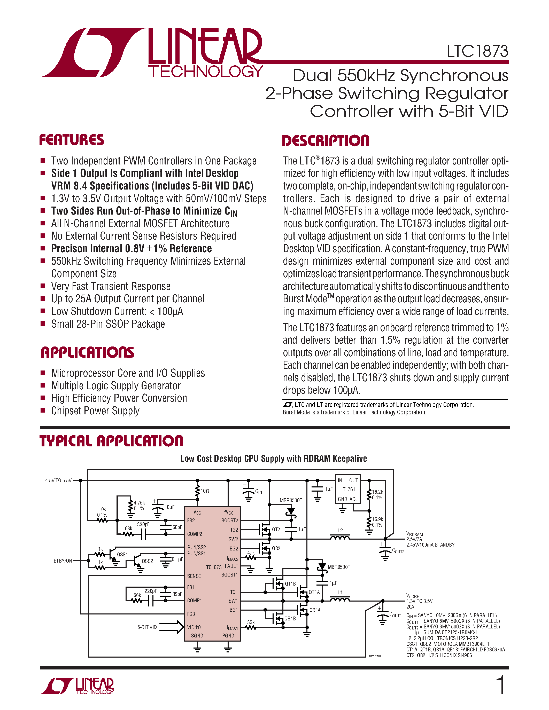 Даташит LTC1873 - Dual 550kHz Synchronous 2-Phase Switching Regulator Controller with 5-Bit VID страница 1