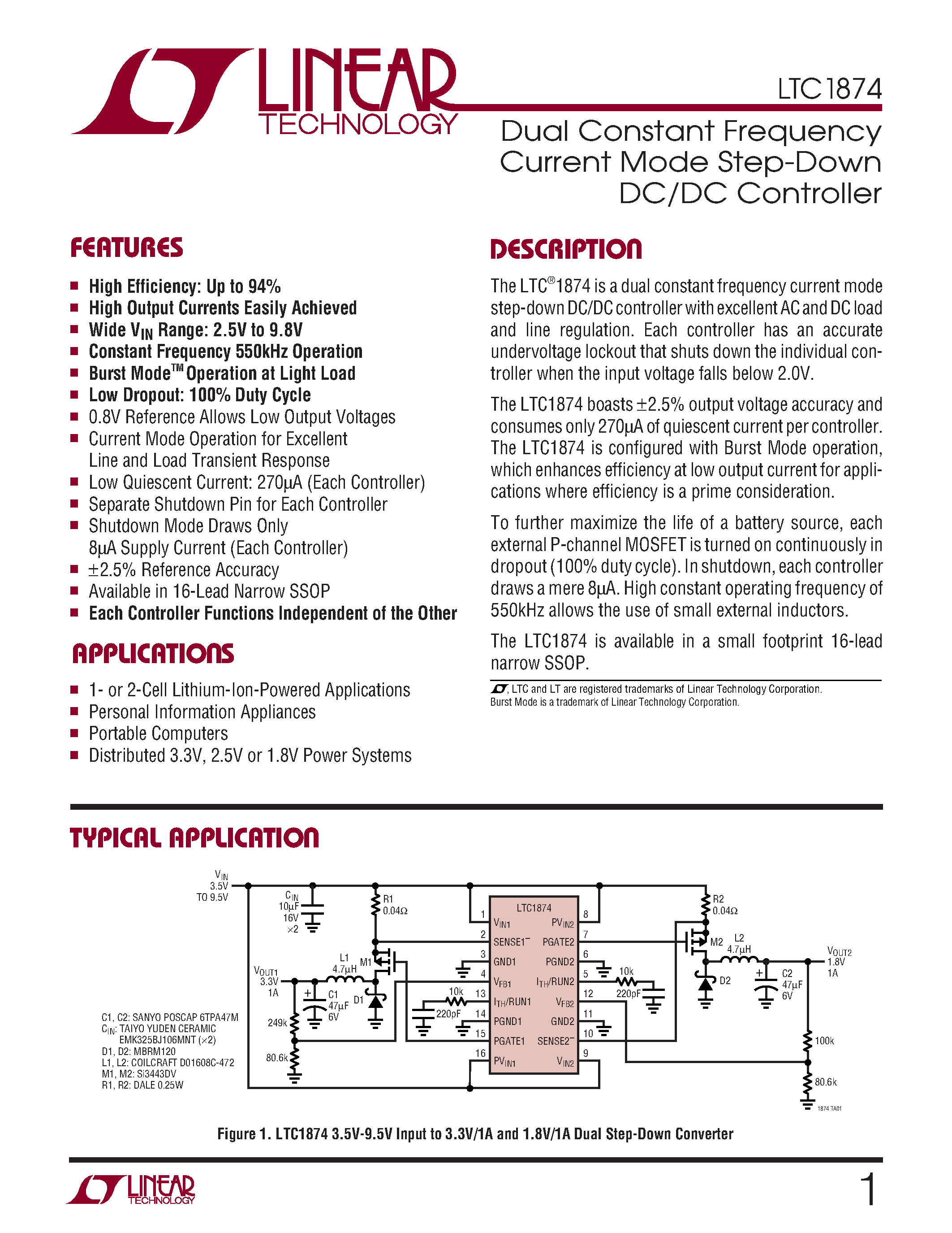 Datasheet LTC1874 - Dual Constant Frequency Current Mode Step-Down DC/DC Controller page 1