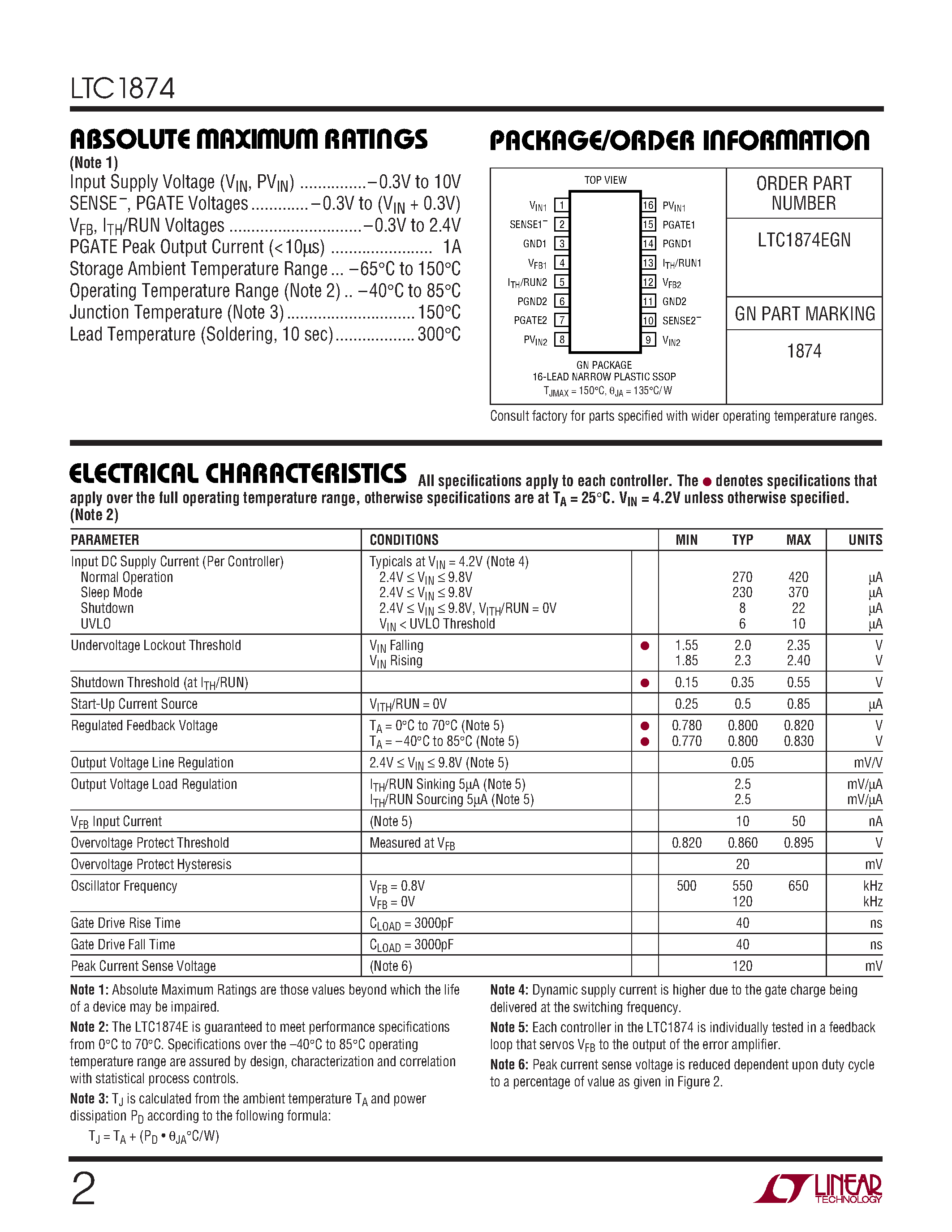 Datasheet LTC1874EGN page 2 Datasheet LTC1874EGN - Dual Constant Frequency Current Mode Step-Down DC/DC Controller page 2