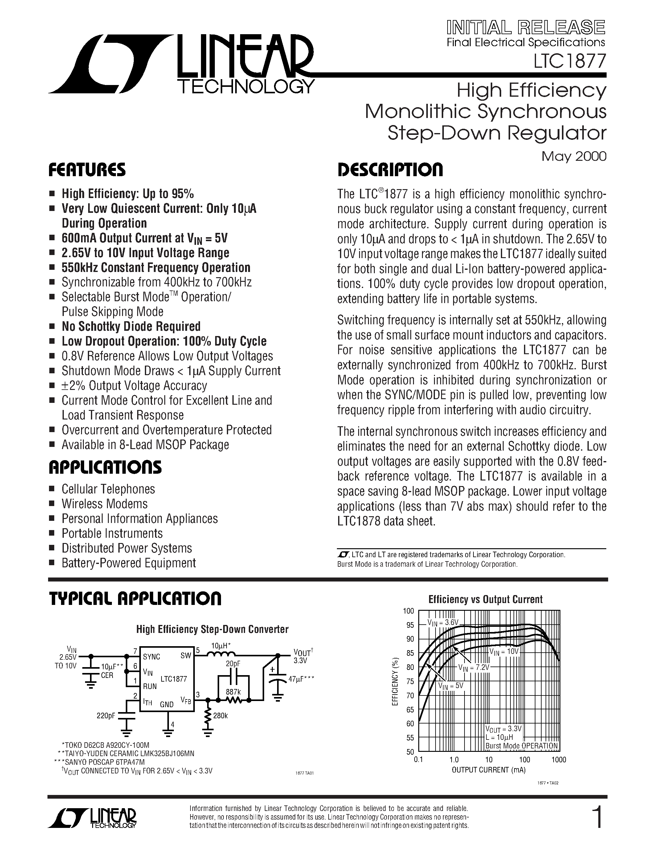 Datasheet LTC1877 page 1 Datasheet LTC1877 - High Efficiency Monolithic Synchronous Step-Down Regulator page 1