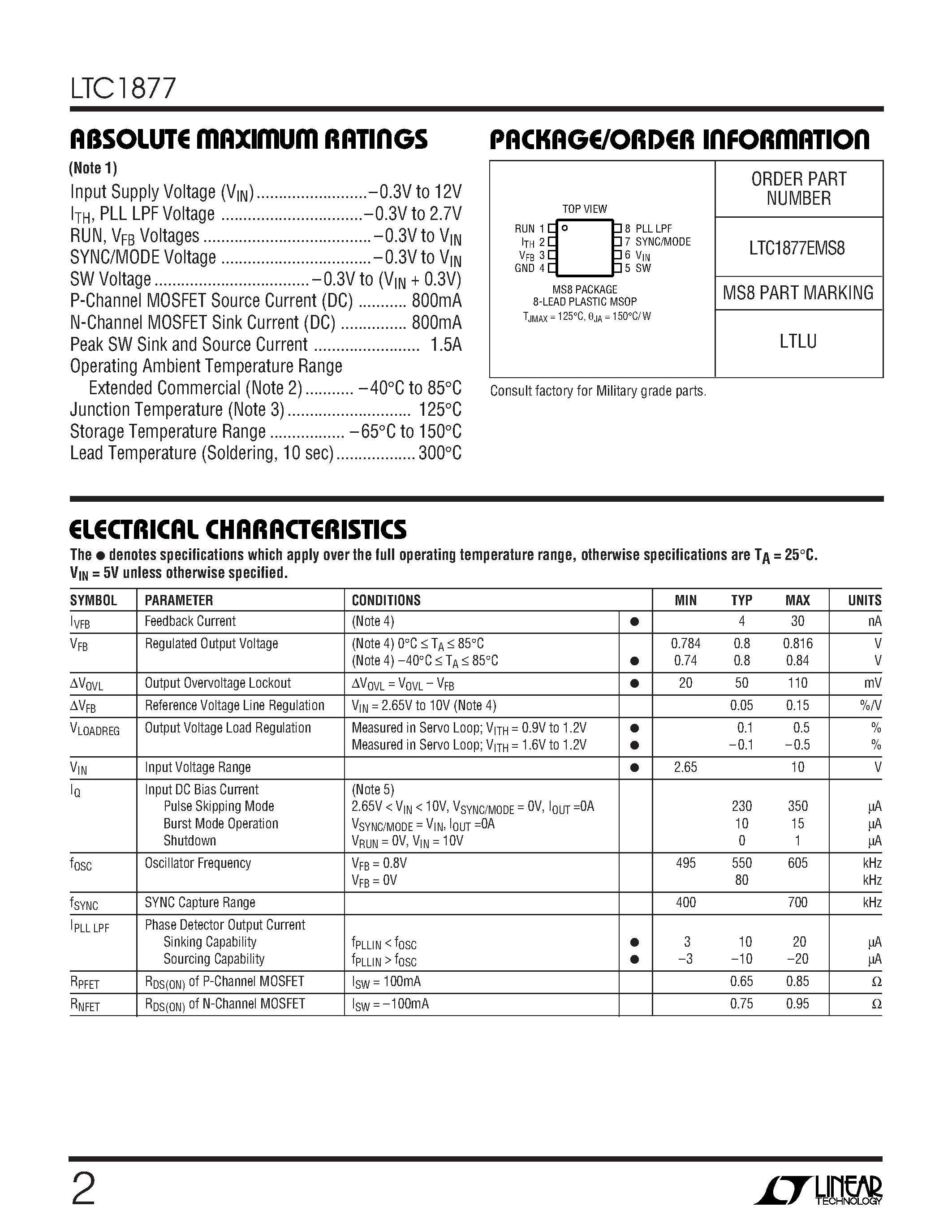 Datasheet LTC1877EMS8 page 2 Datasheet LTC1877EMS8 - High Efficiency Monolithic Synchronous Step-Down Regulator page 2