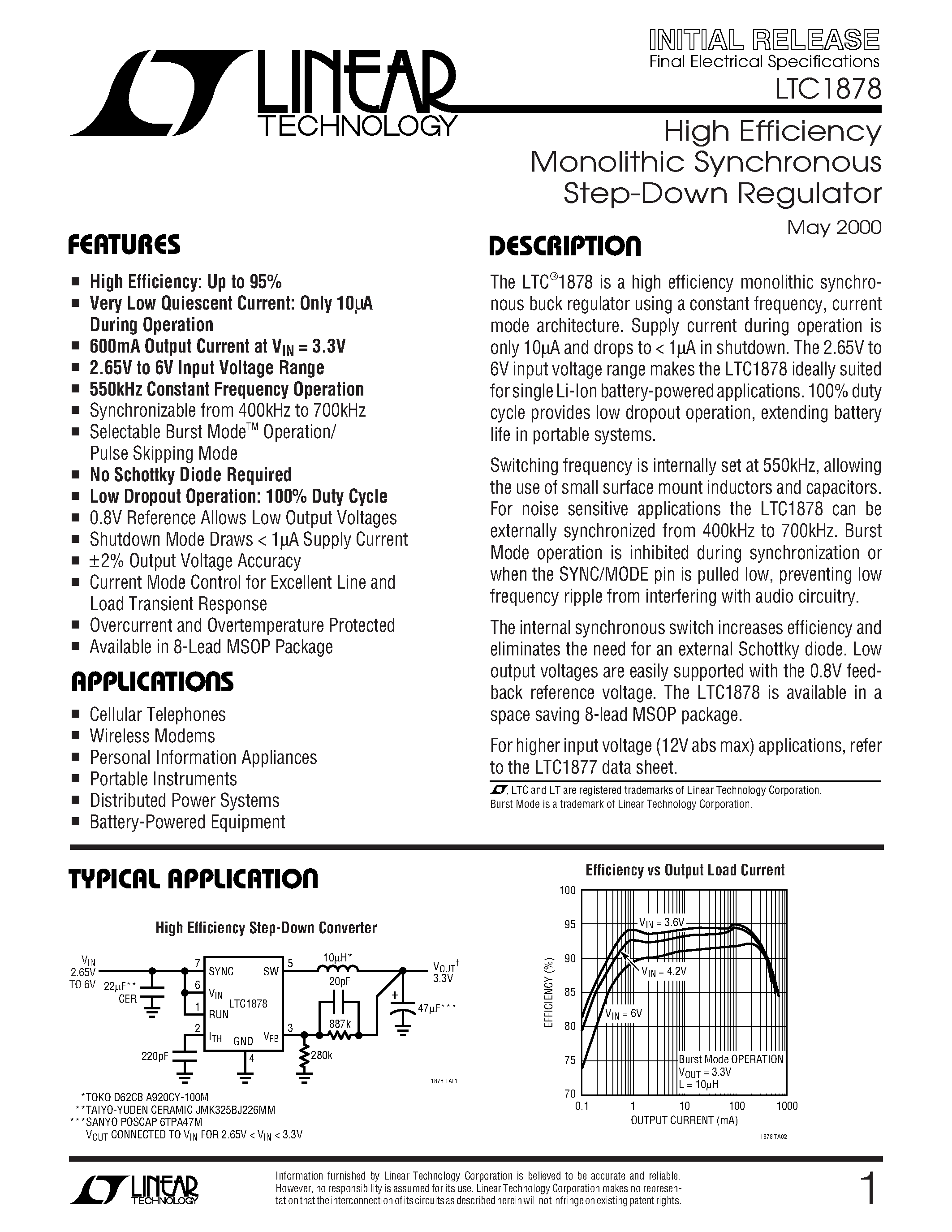 Datasheet LTC1878EMS8 - High Efficiency Monolithic Synchronous Step-Down Regulator page 1