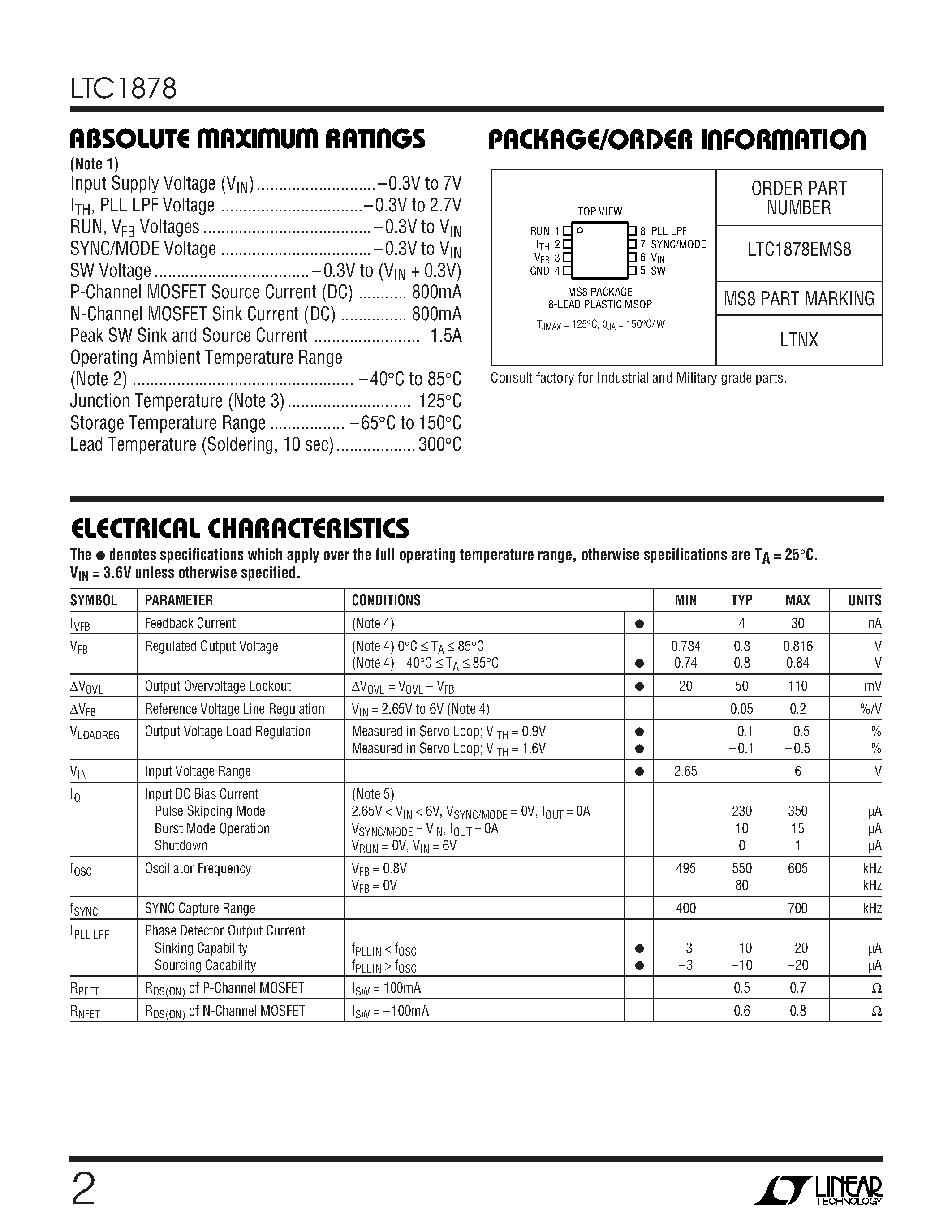 Datasheet LTC1878EMS8 - High Efficiency Monolithic Synchronous Step-Down Regulator page 2