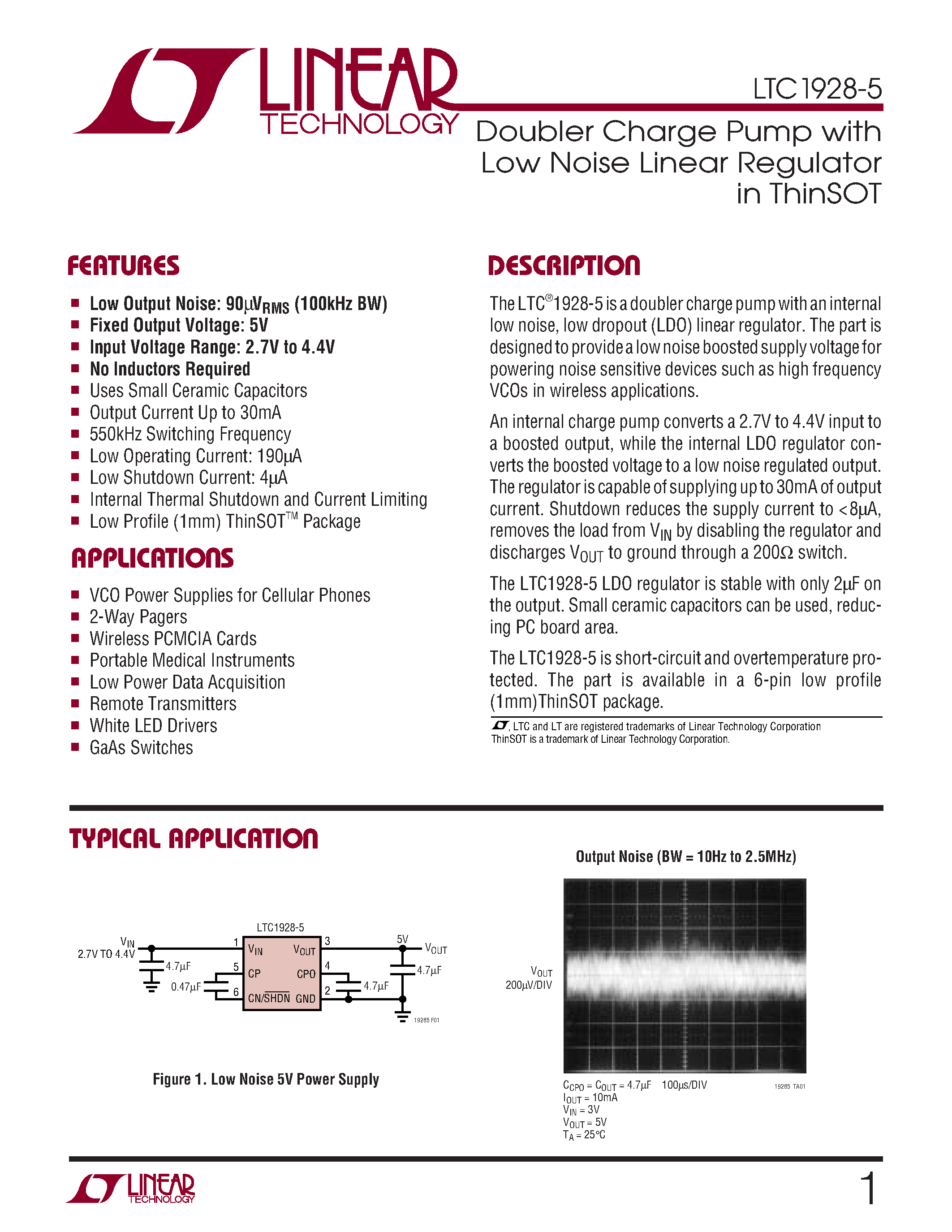 Datasheet LTC1928-5 - Doubler Charge Pump with Low Noise Linear Regulator in ThinSOT page 1