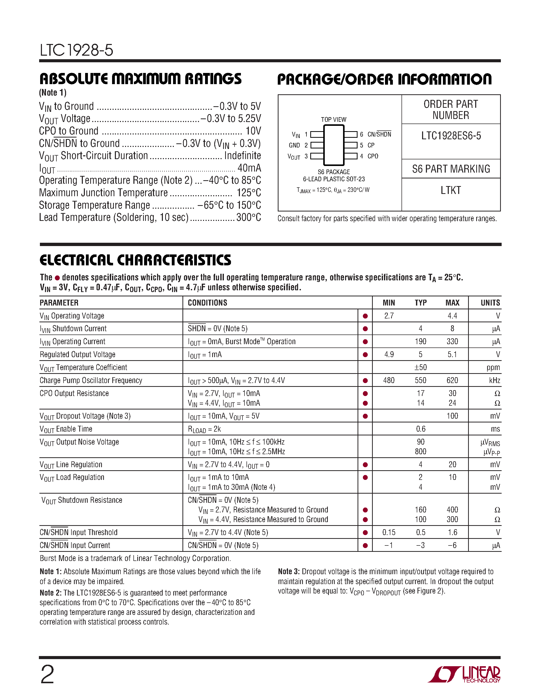 Datasheet LTC1928ES6-5 page 2 Datasheet LTC1928ES6-5 - Doubler Charge Pump with Low Noise Linear Regulator in ThinSOT page 2