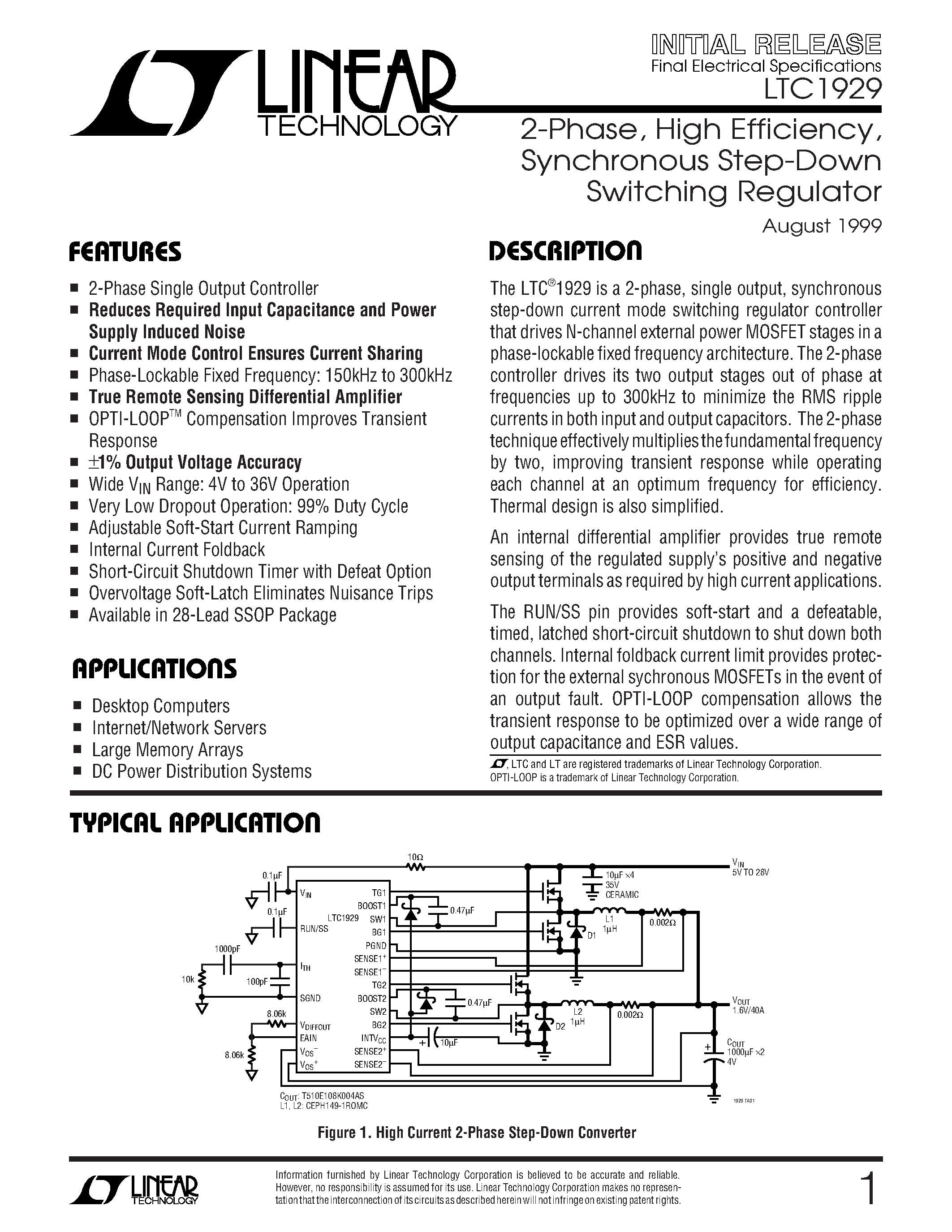 Даташит LTC1929IG - 2-Phase/ High Efficiency/ Synchronous Step-Down Switching Regulator страница 1