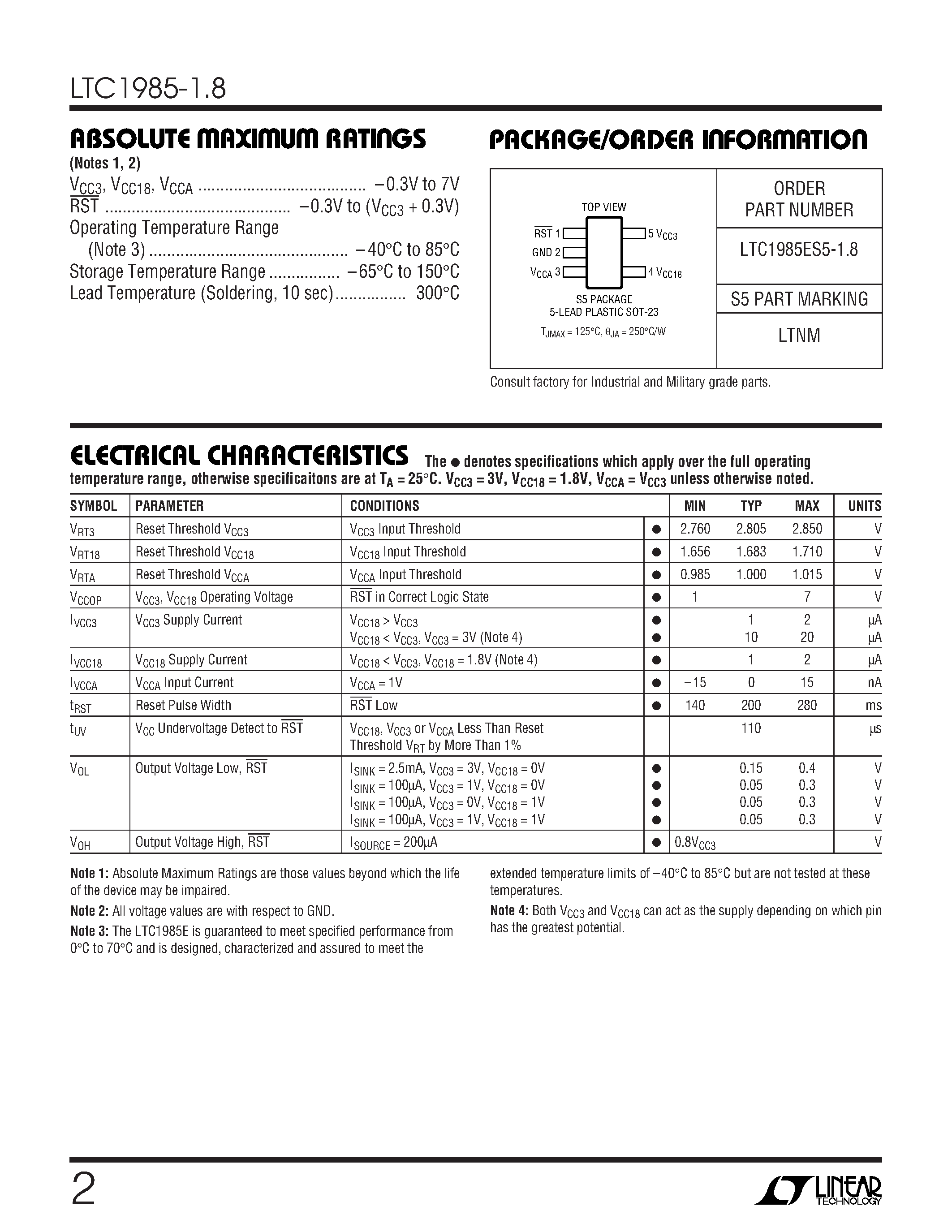 Datasheet LTC1985-1.8 - Micropower Precision Triple Supply Monitor with Push-Pull Reset Output in a 5-Lead SOT-23 Package page 2