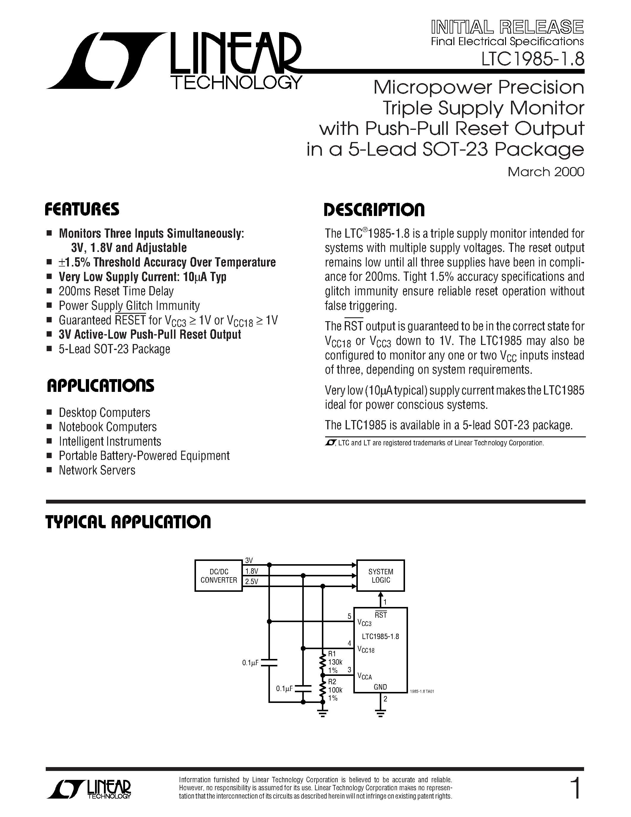 Datasheet LTC1985ES5-1.8 - Micropower Precision Triple Supply Monitor with Push-Pull Reset Output in a 5-Lead SOT-23 Package page 1