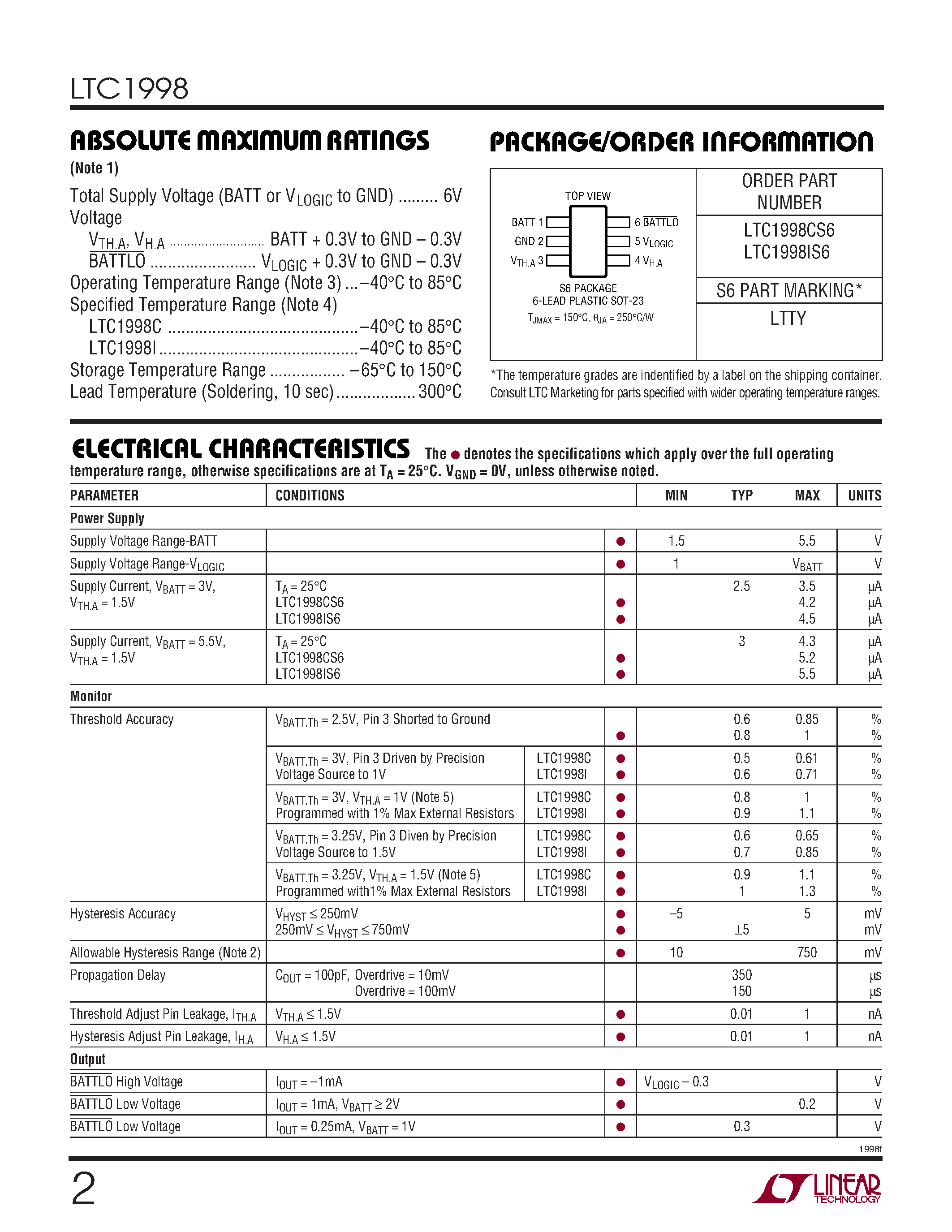 Даташит LTC1998IS6 - 2.5uA/ 1% Accurate SOT-23 Comparator and Voltage Reference for Battery Monitoring страница 2