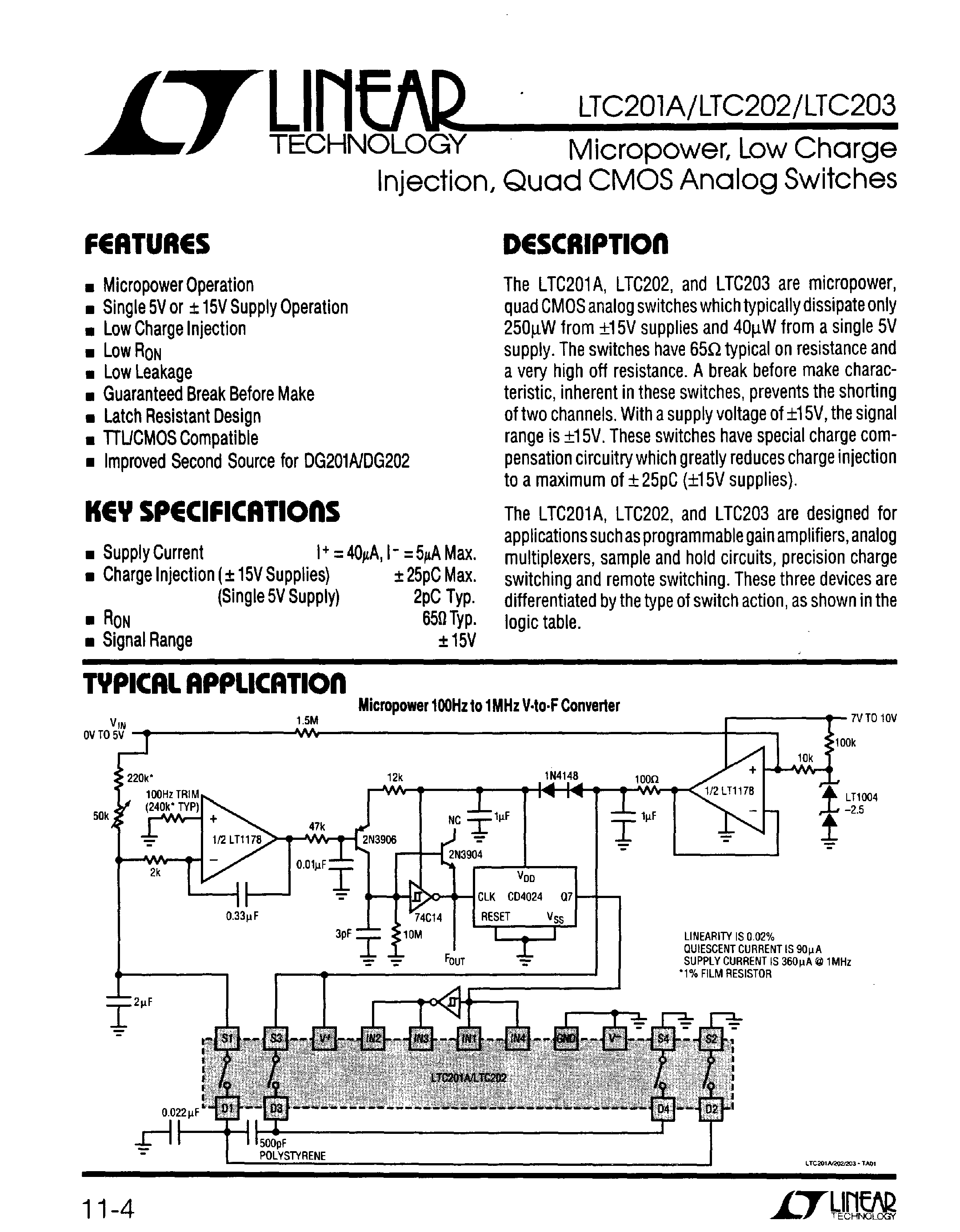 Datasheet LTC201AM page 1 Datasheet LTC201AM - Micropower/ Low Charge Injection/Quad CMOS Analog Switches page 1